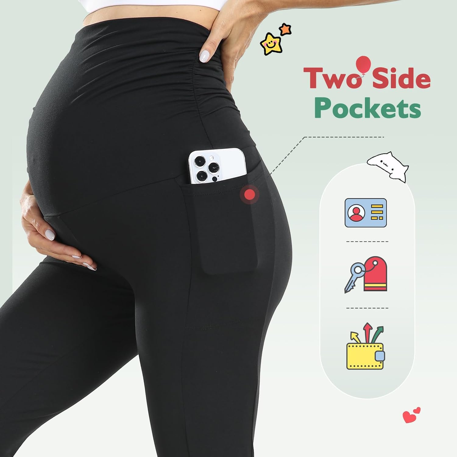 Women'S Maternity Leggings with Pockets High Waistband Pregnancy Leggings Opaque Elastic Maternity Leggings for Pregnant Women, Thermal Black, XL