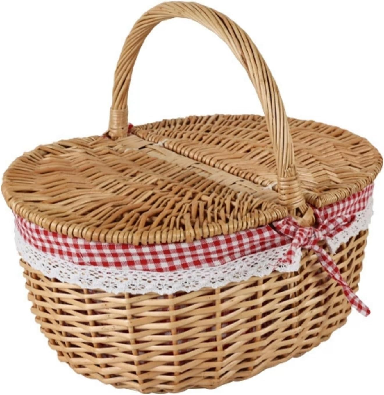 Picnic Basket, Wicker Basket with Foldable Handle Lid and Removable Liner, Rustic Woven Wicker Basket for Outdoors, Home Decoration, Beach Parties, Halloween, Christmas, Valentines, Birthday (Red)
