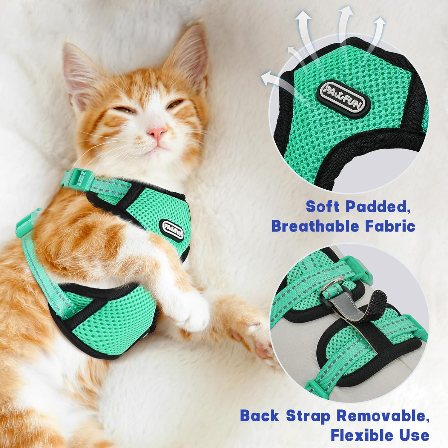 Cat Harness for Walking, Escape Proof Cat Harness and Leash Set with Reflective Strip, Adjustable Cat Leash Breathable Soft Vest for Small to Large Cats, Green, S image number 7