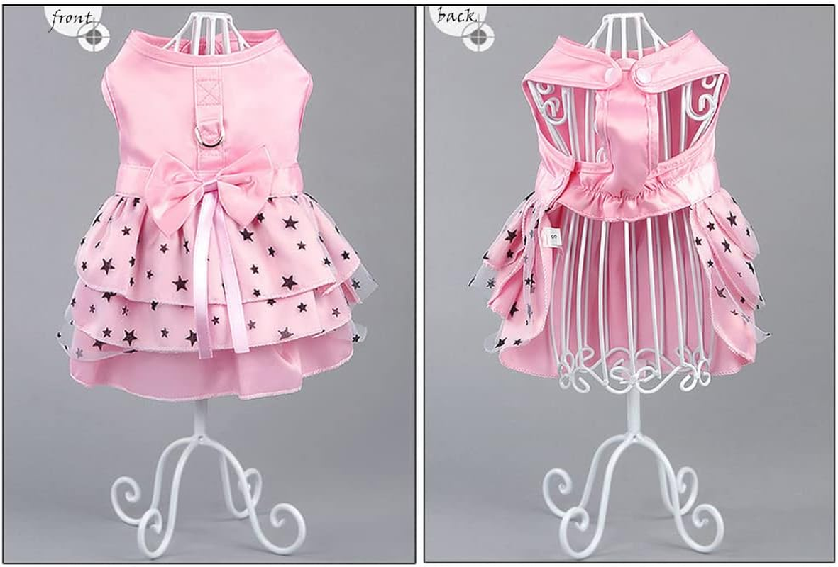 Hdwk&Hped Dog Dress with Leash Ring, Princess Multi-Layer Pleated Skirt Pentagram Bow Pet Dress for Small Dog Puppy Cat Pink #6