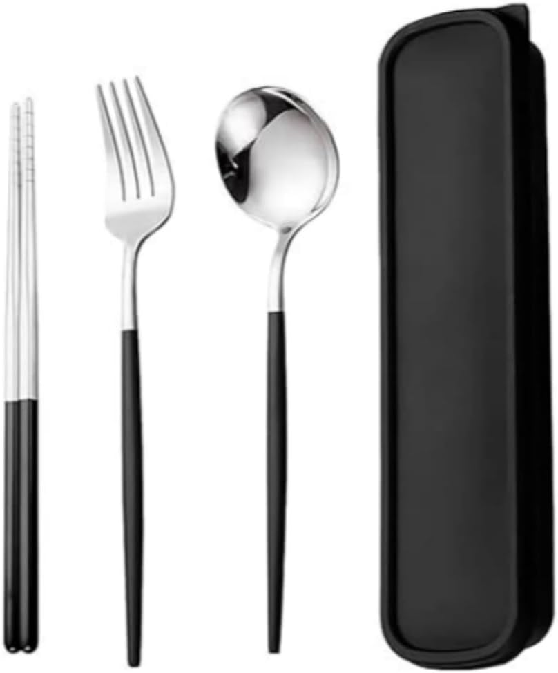 Jindizi 2 Set Portable Cutlery Set with Case Include Fork Spoon Chopsticks, Portable Travel Utensil Set, Reusable Stainless Steel Camping Utensils Set, Lunch Cutlery Set for Work School (Silver+Black) image number 5