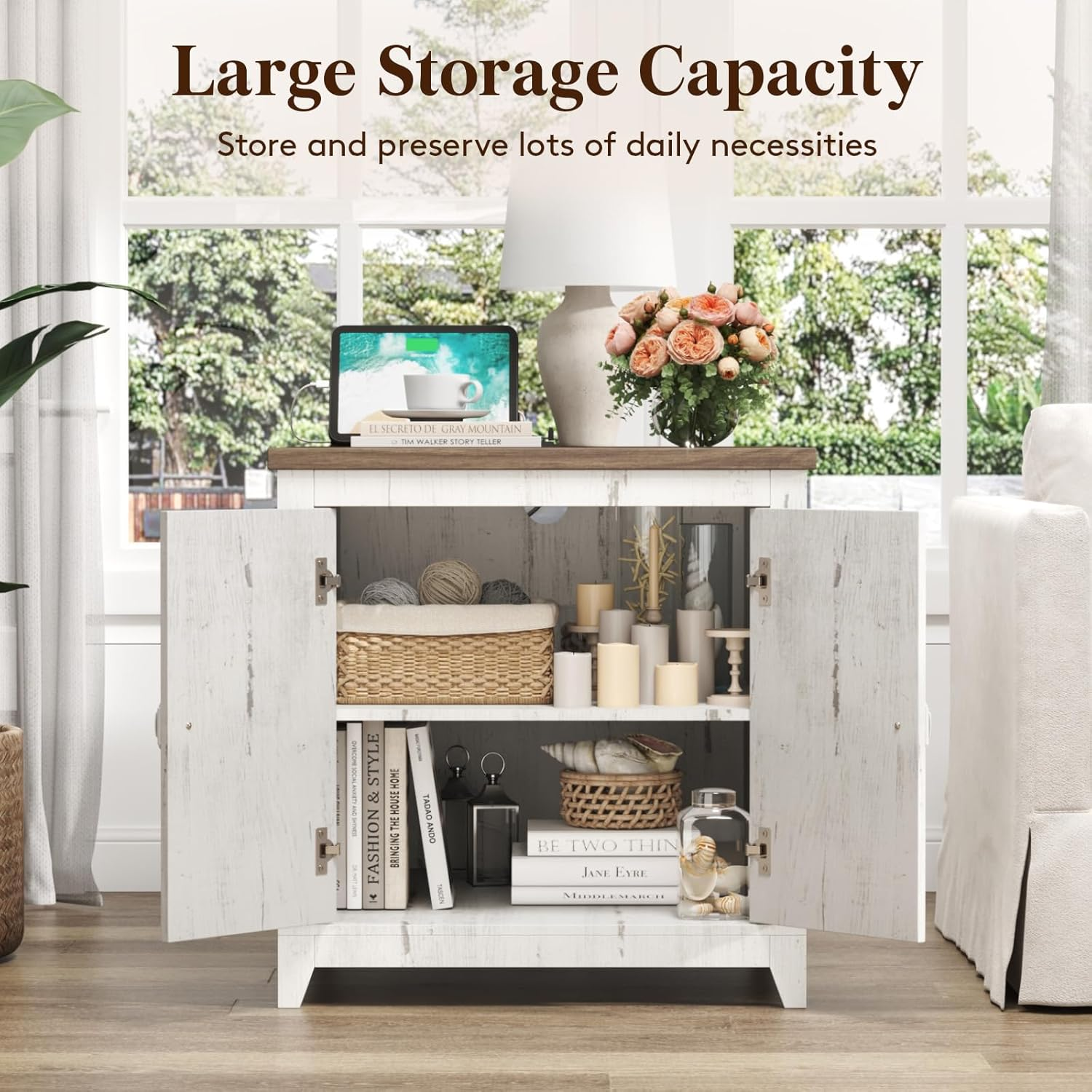 Lifewit Farmhouse End Table with Charging Station and USB Ports, 24" Large Tabletop Side Table with Double Barn Doors, Wood Square Nightstand for Living Room, Office, Bedroom, Rustic White image number 1