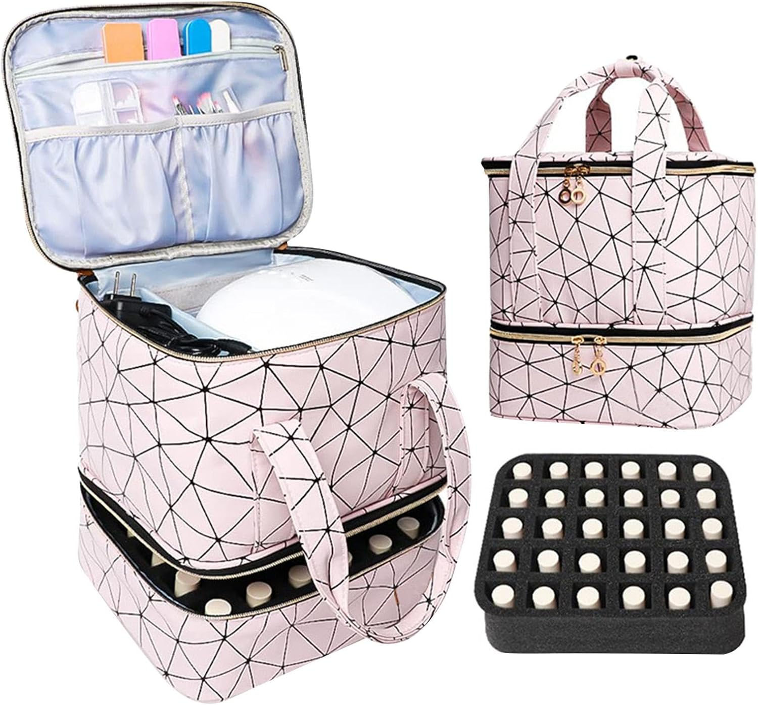 Nail Polish Organizer Case, Double Layer Design Nail Polish Holder Carrying Case, Nail Polish Storage Bag, Holds 30 Bottles Nail Box Organizer Case for Nail Tech and Manicure Tools, Black, Refer To