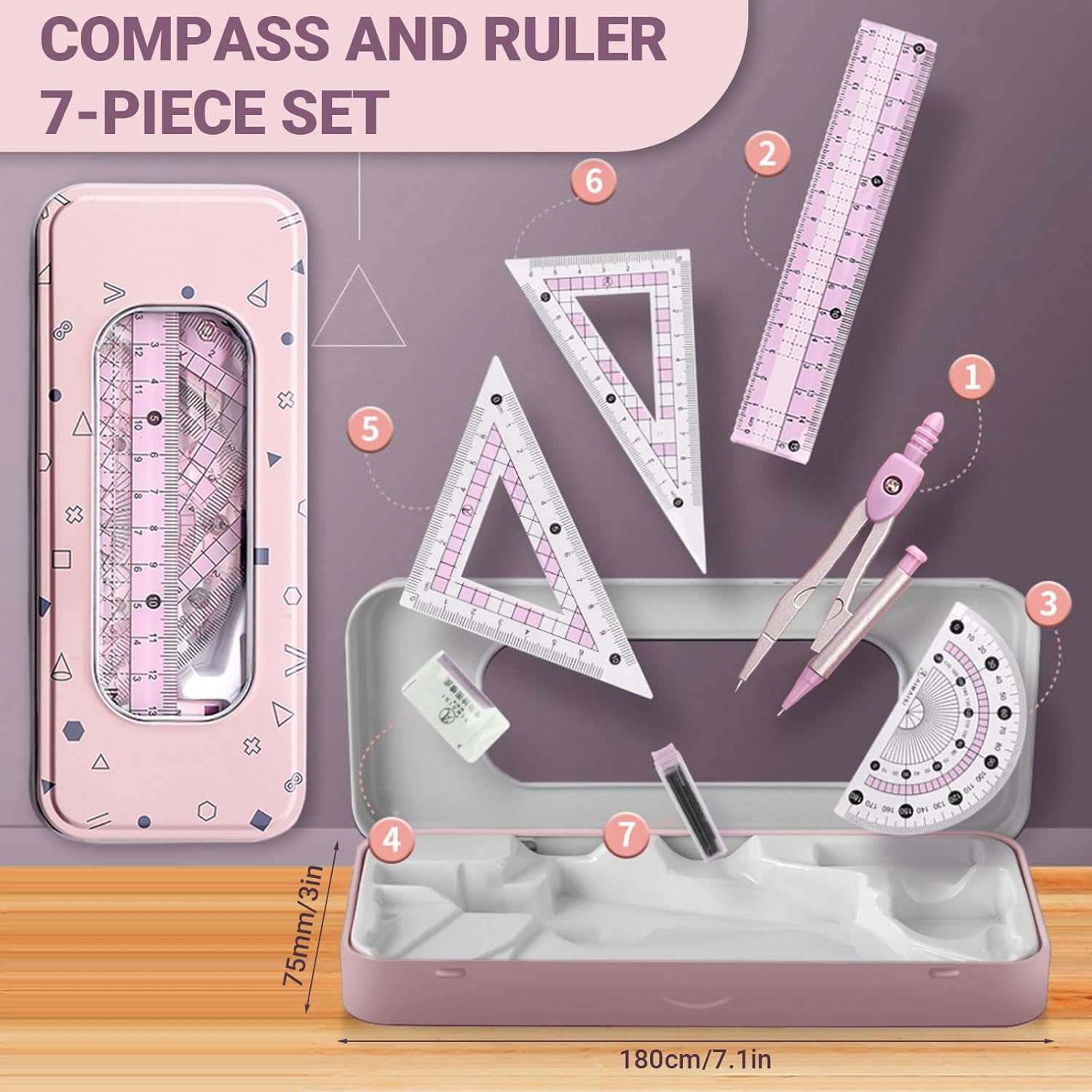 Compass Geometry Tool with Metal Box, 7 Pcs Assorted Math Set with Eraser & Refills, Protractor Ruler Kit for School, Class, Students (Pink) image number 3