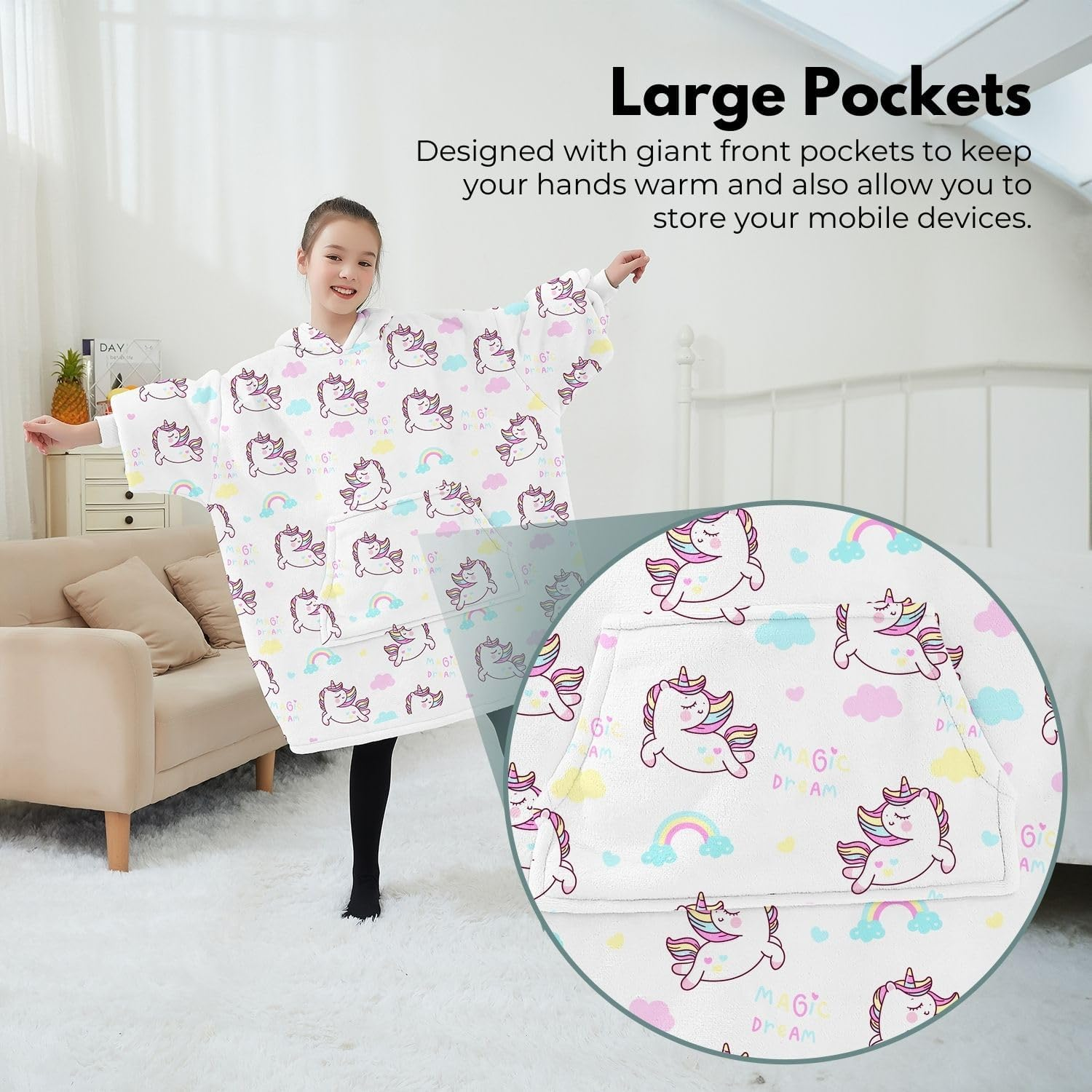 Gominimo Kids Hoodie Blanket, Warm, Cosy Double Layers, Large Pockets, One Size Fits All, Perfect for Indoor Lounging or Outdoor Adventures, Machine Washable, Unicorn White
