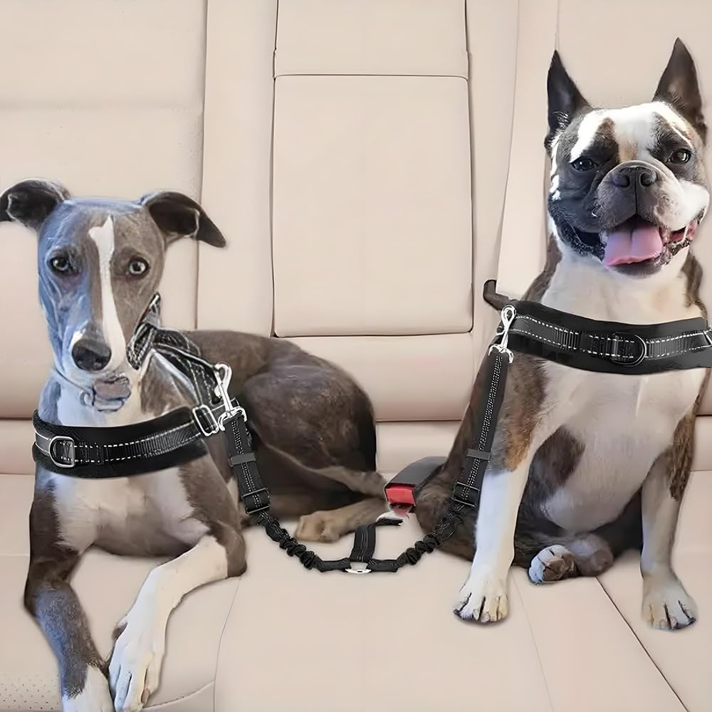Double Dog Cat Seat Belts, Car Headrest Restraint Adjustable Travel Leash,Safety Elastic Leads Splitter Connect Vehicle Seatbelt Harness for 2 Dogs (Blue) - Black image number 7