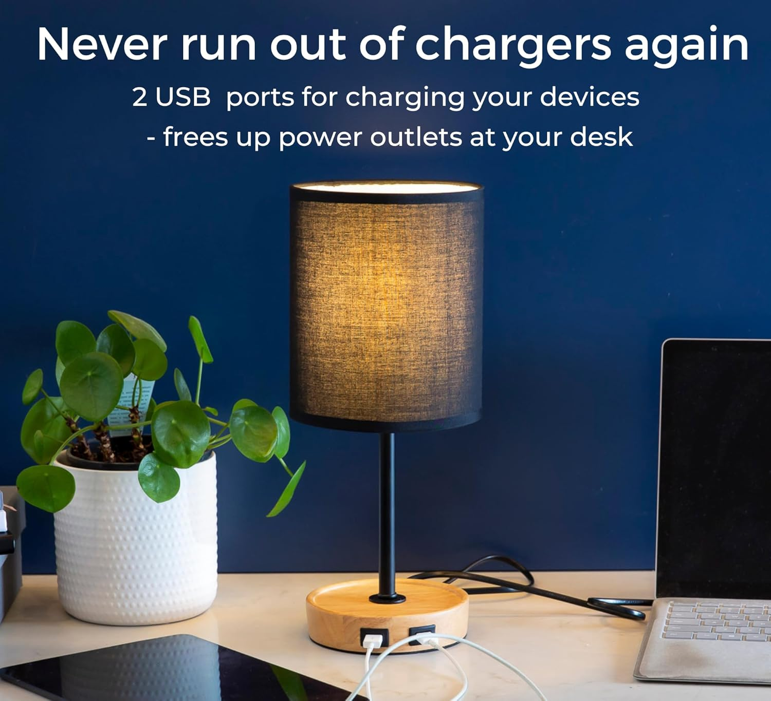 Bedside Lamp with 2 USB Ports and Touch Control. Modern Table Lamp, Desk Light. Wood Base and Fabric Shade for Living Room, Home Office, Bedroom, Hallway, Study and Kids Rooms (Black)