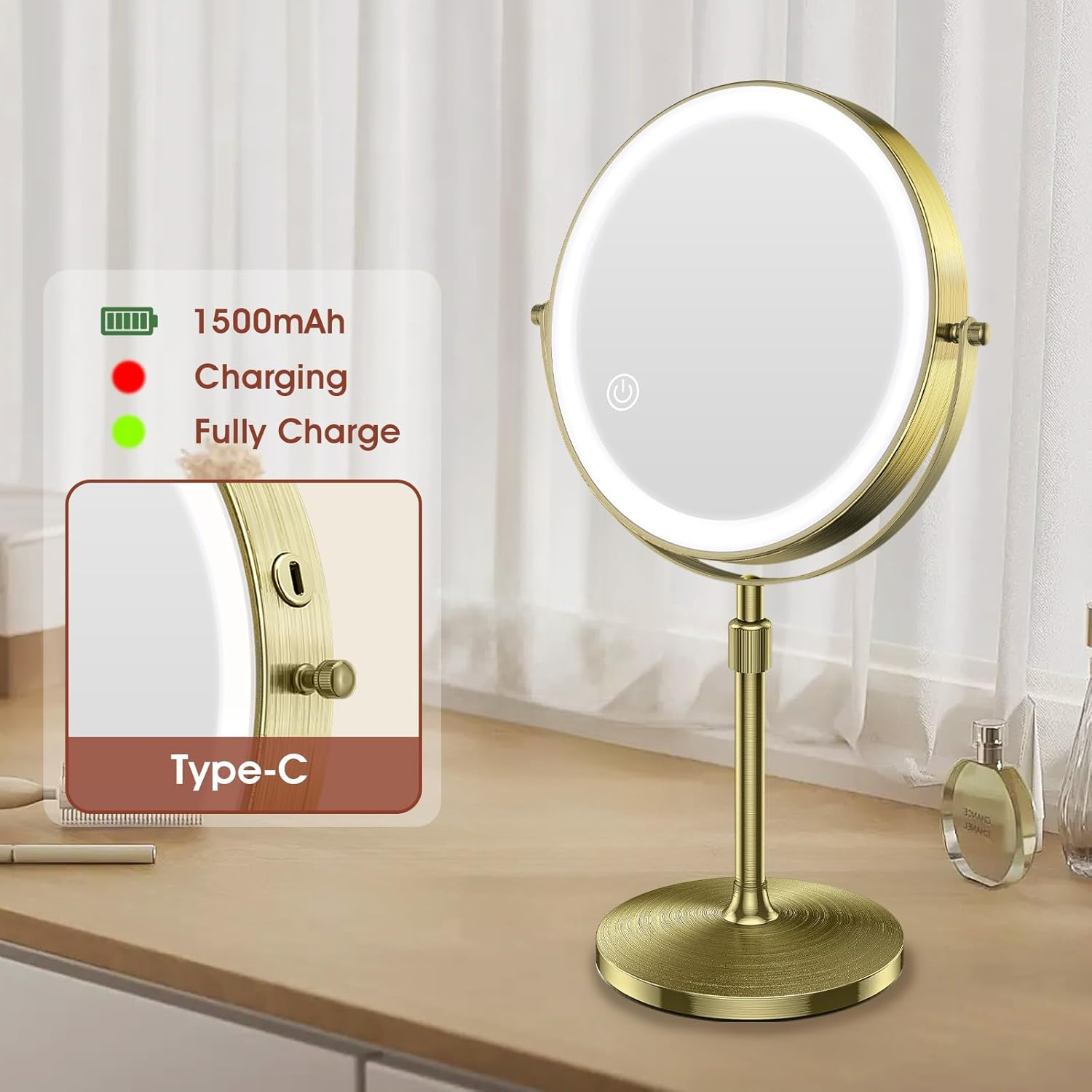 MILPROX 8 Inch Makeup Mirror with 10X Magnification & 3 Color Lights, Adjustable Brightness & Height, Rechargeable Double Sided 1X 10X Magnifying Mirror, Lighted Makeup Mirror Touch Sensor - Gold - Gold image number 2