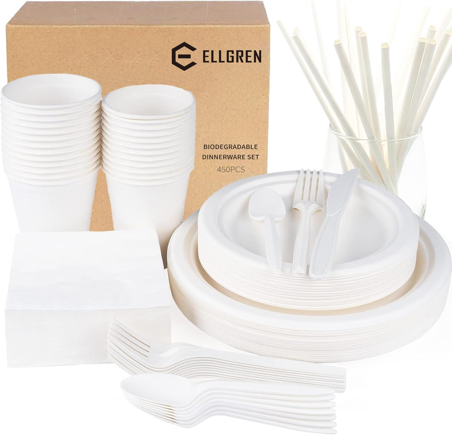 450PCS Biodegradable Dinnerware Set, Eco-Friendly Party Set for Party Supplies, Wedding, Anniversary, 7/9 Inch Plates, Napkins, Straw, Cups, Spoons, Forks and Knives (50 Guests) image number 3