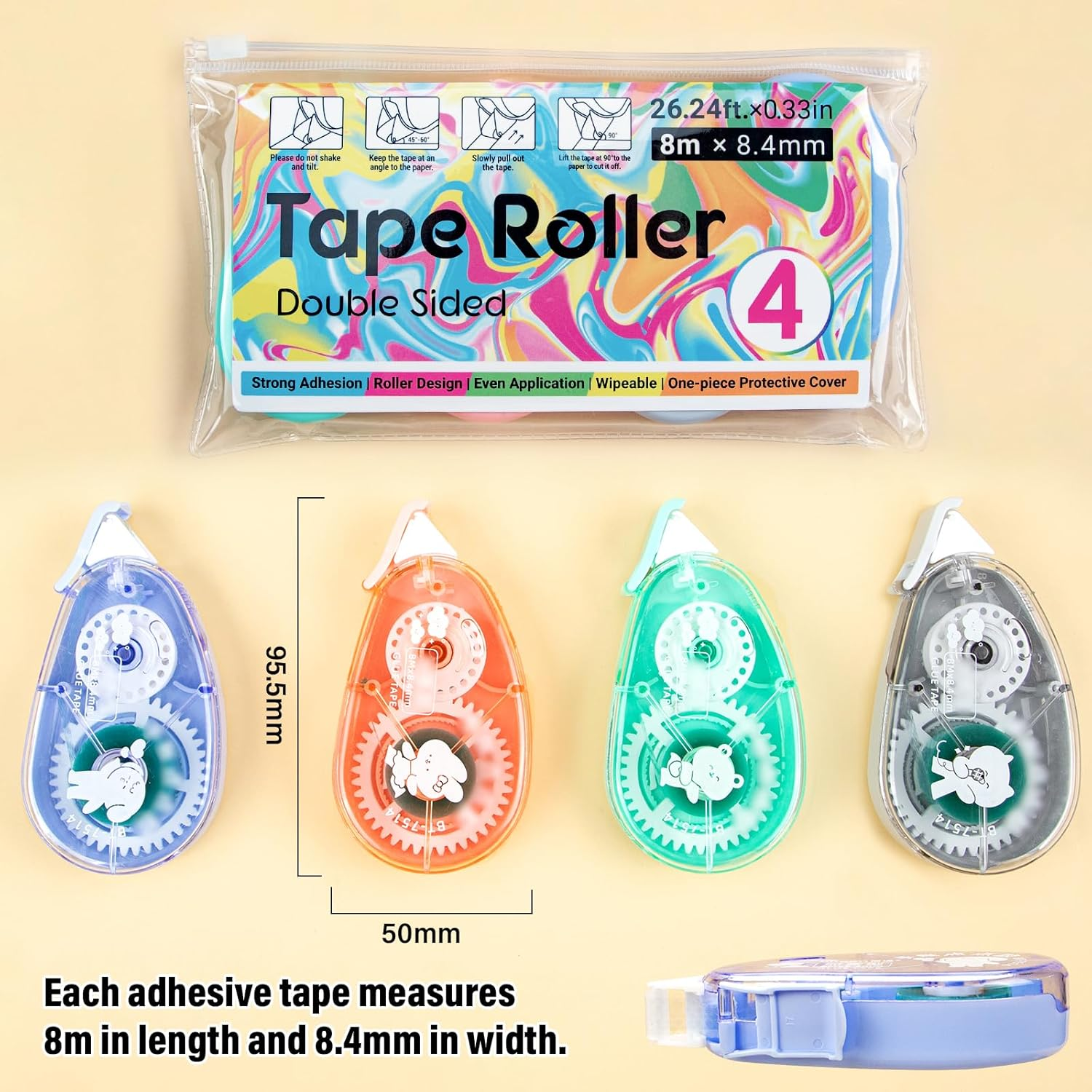 JR.WHITE 4 Pack Double-Sided Adhesive Tape Roller, Glue Tape Roller for Scrapbooking, Crafts Scrapbook Supplies, Home School Office Supplies (0.315 Inch X 26.25 Feet)