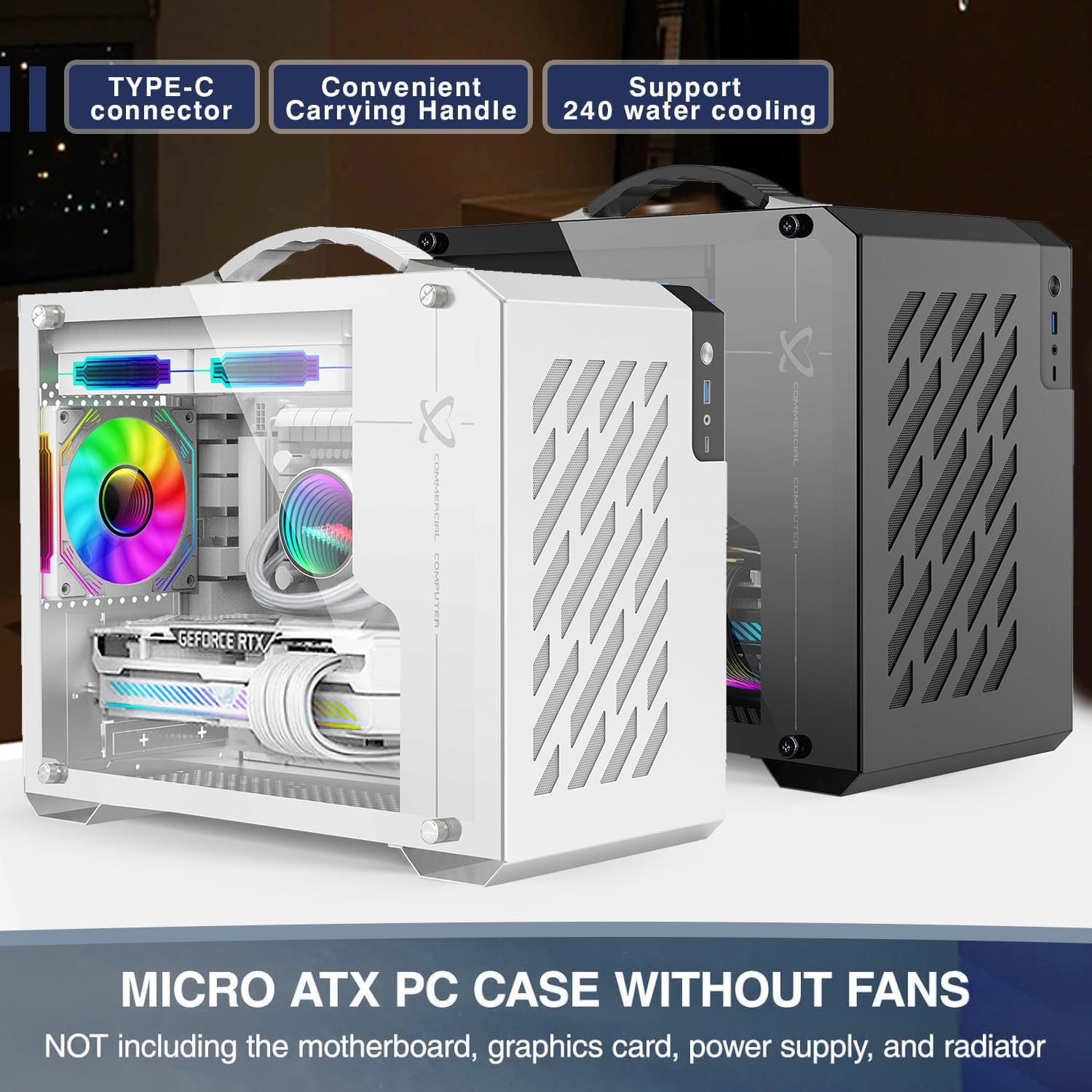 LIODUX Mini-Tower Case, Mini Portable ITX Computer Case, Full Side Glass Transparent DIY Desktop Case with Handle, Gaming PC Case 360Mm Radiator, Computer Tower Case - Fan Not Included (White) image number 1