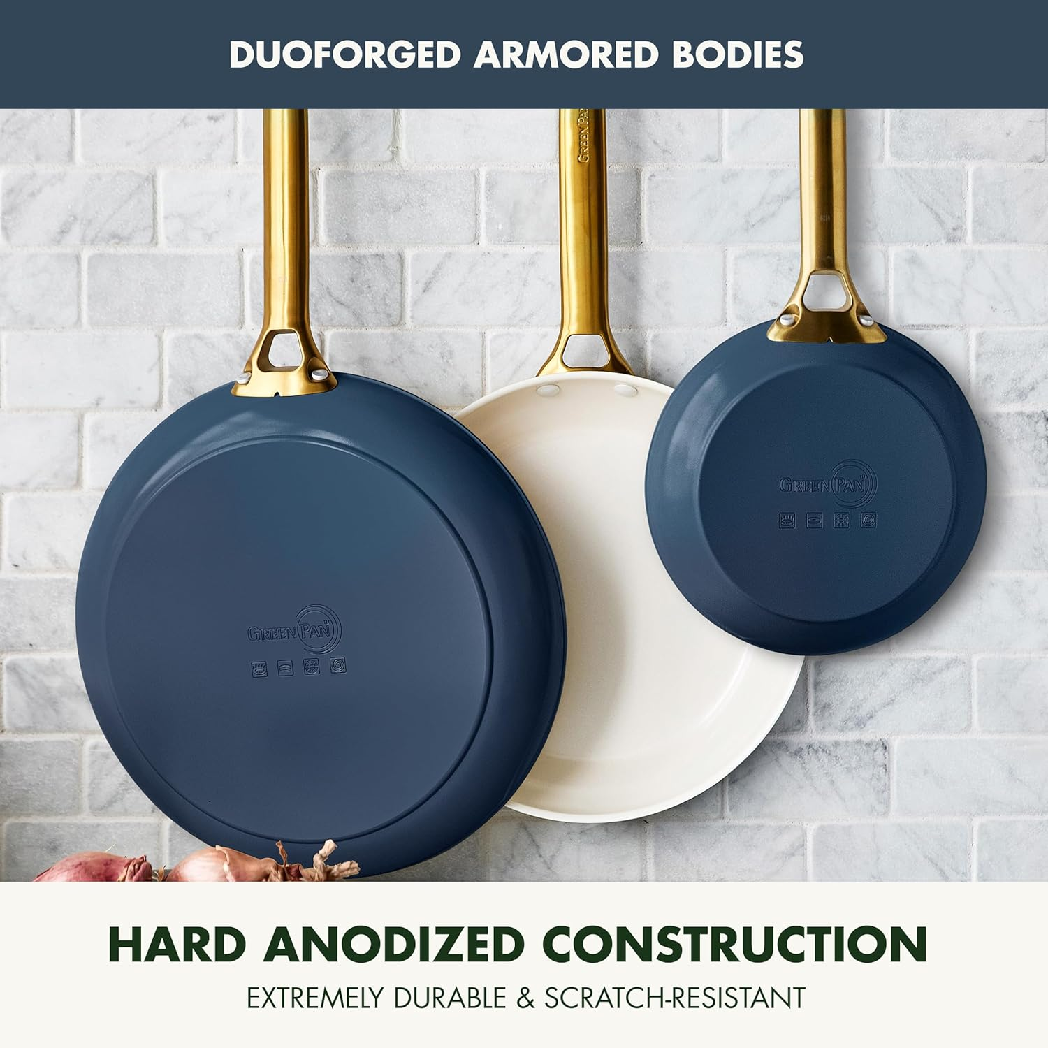 Greenpan Reserve Hard Anodized Healthy Ceramic Nonstick 8" 10" and 12" 3 Piece Frying Pan Skillet Set, Gold Handle, Induction, Pfas-Free, Dishwasher Safe, Oven Safe, Twilight Blue image number 7