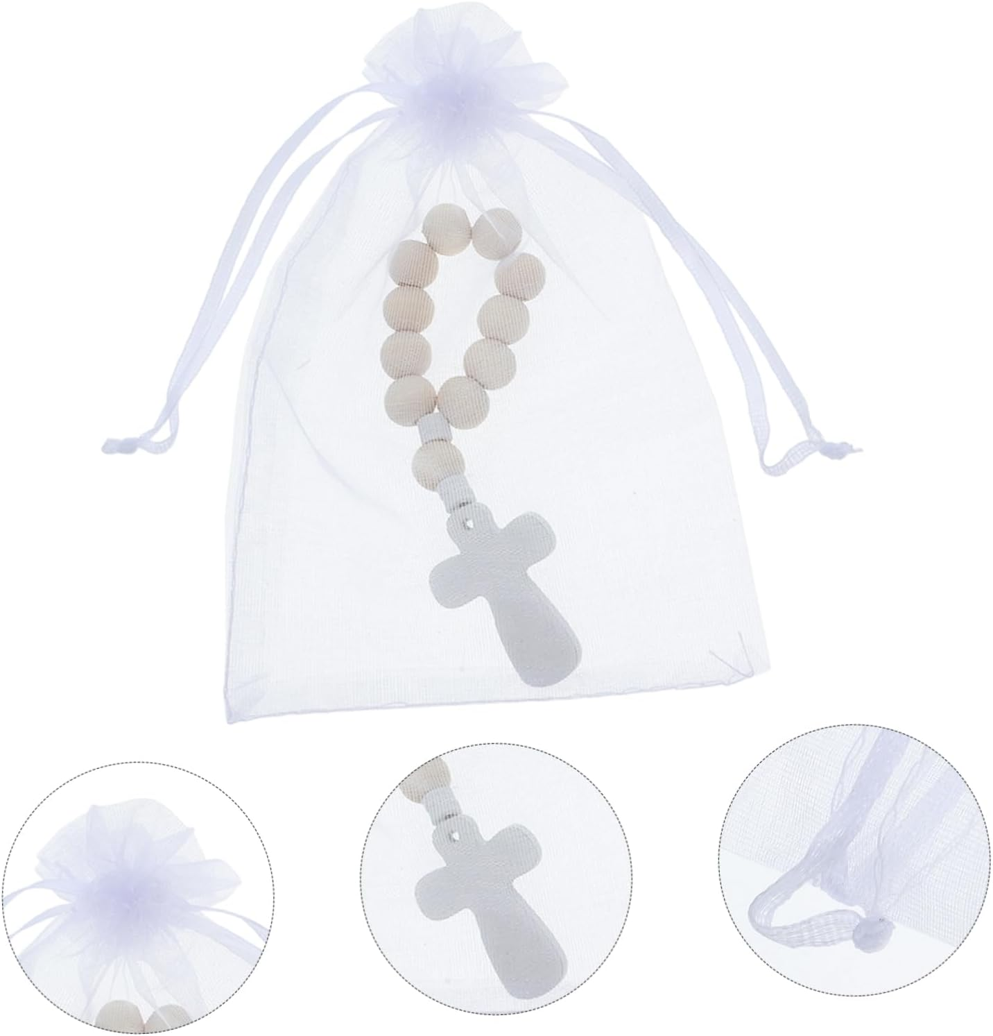 Jojofuny 40Sets Wooden Rosary Beads Mesh Bags for Baptism Religious Prayer Favors Small Rosary Cross Charms image number 3