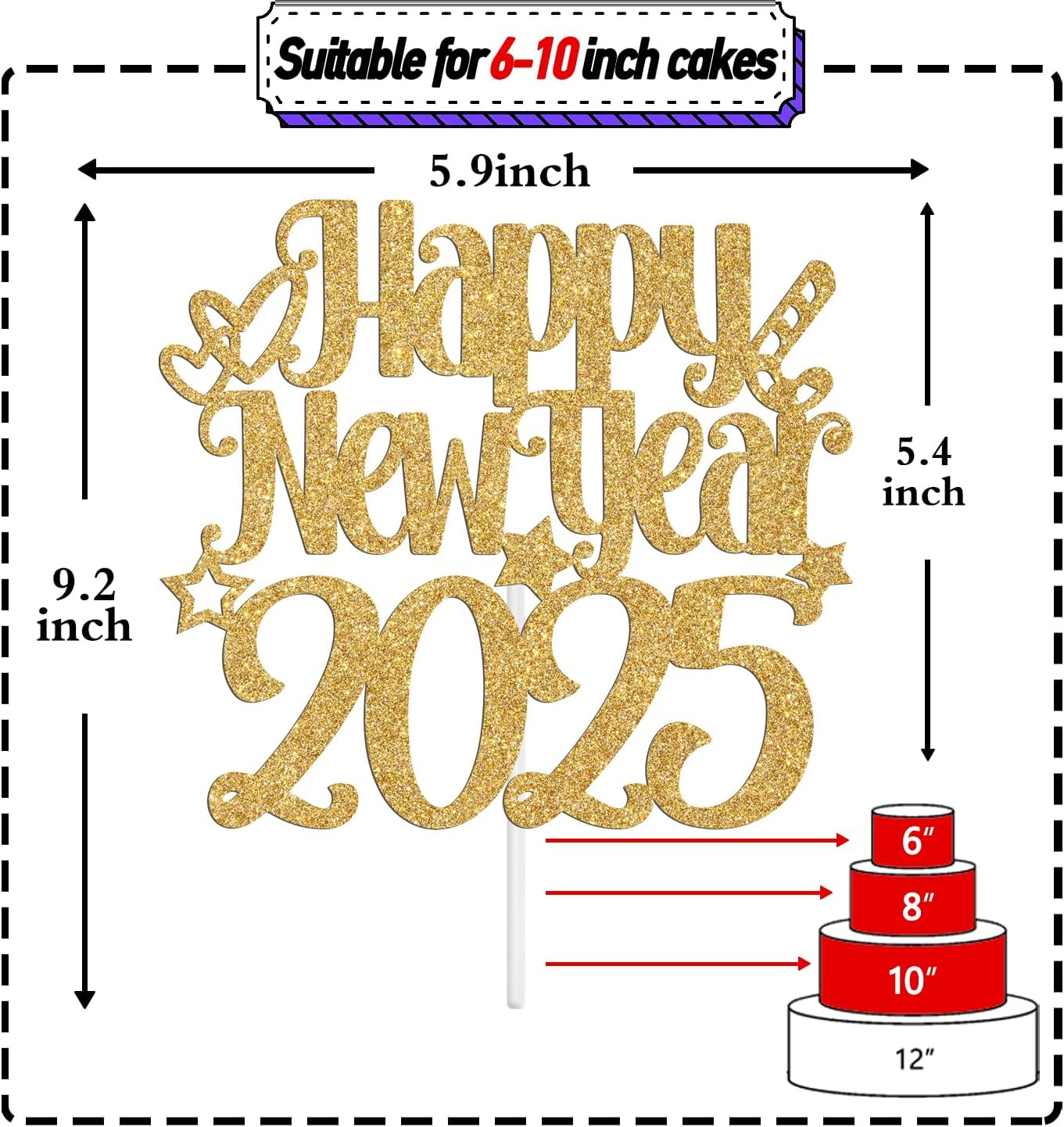 Happy New Year 2025 Cake Topper, Happy Holiday/Merry Christmas Cake Decor, New Year'S Eve Festival Party Decoration Suppllies, Gold Glitter image number 5