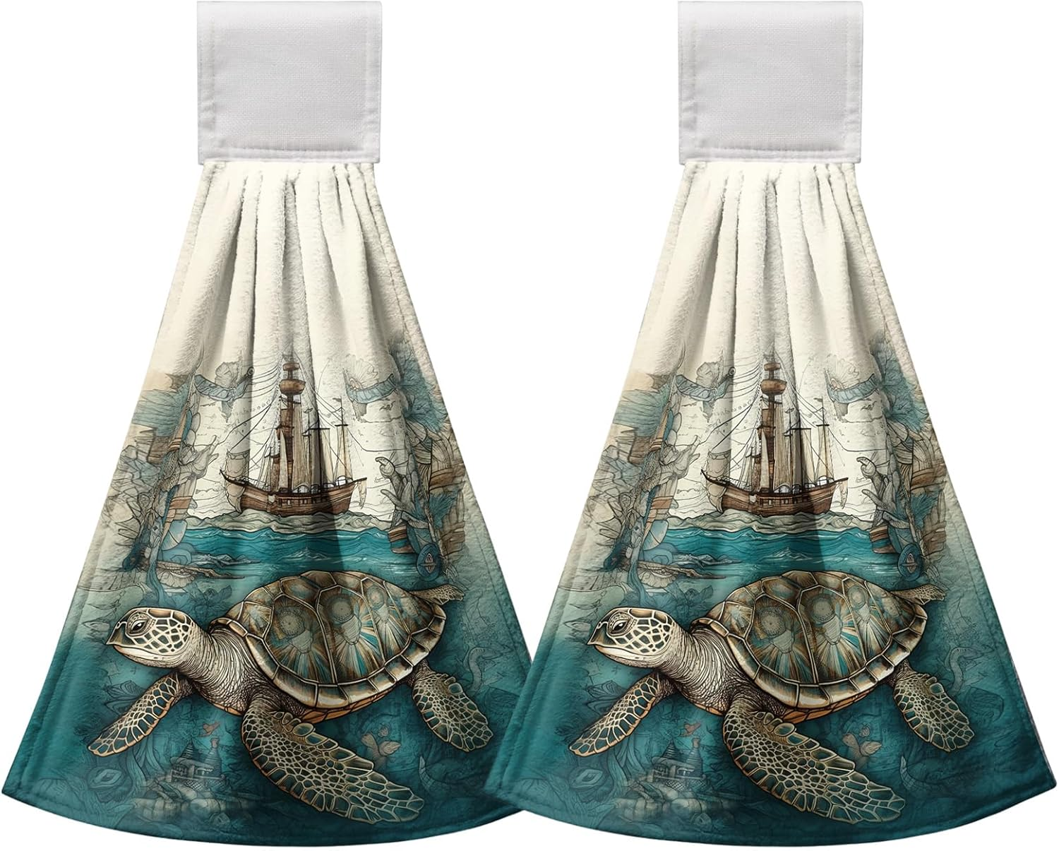 Cneztholim Sea Turtle Hanging Kitchen Towels Set of 2 Summer Ocean Turtle Hand Towel with Loop Coastal Tortoise Sailboats Hanging Dish Towels Absorbent Tie Towel for Bath Kitchen Home - Blue Coral image number 2