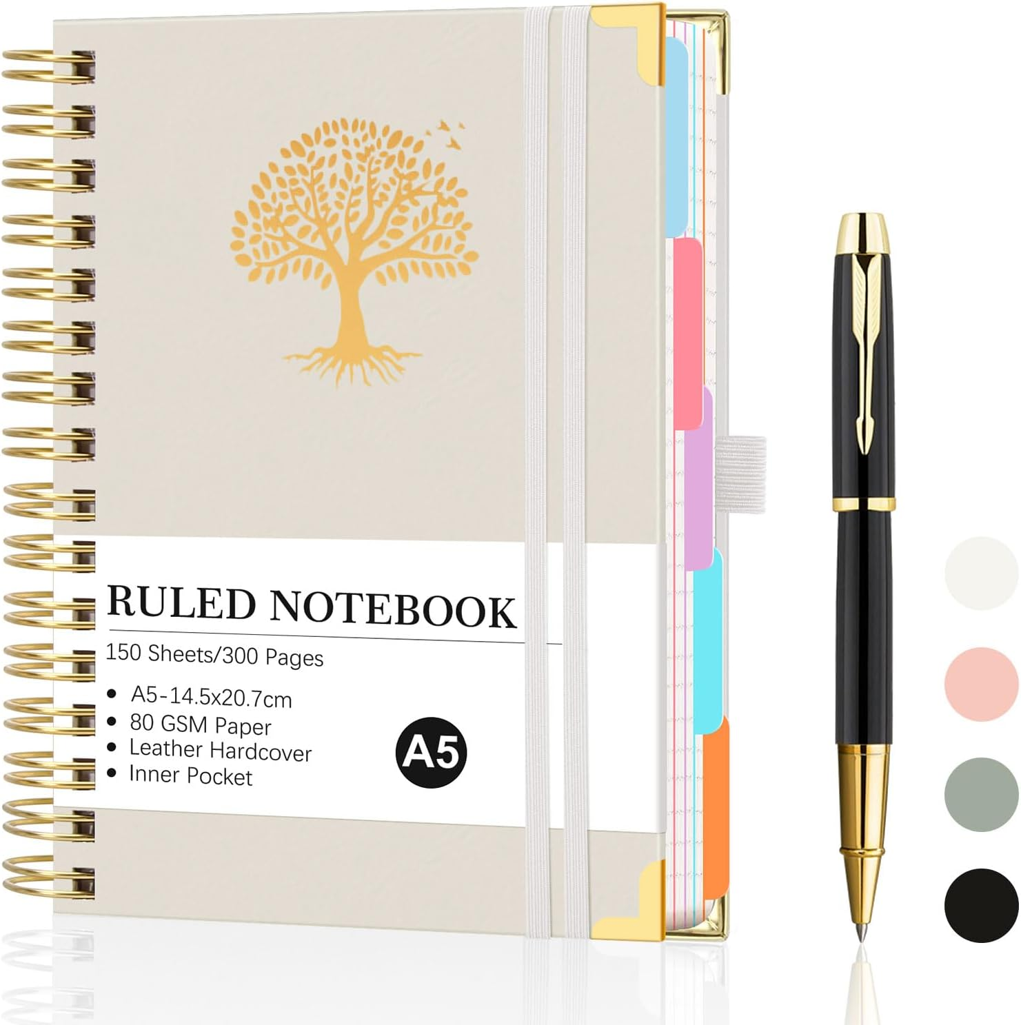 Spardar Hardcover Notebook, 300 Pages, with 5 Removable PVC Dividers and Metal Pen, Spiral Bound, Perfect for Work, Home, and School Notes (White) image number 2