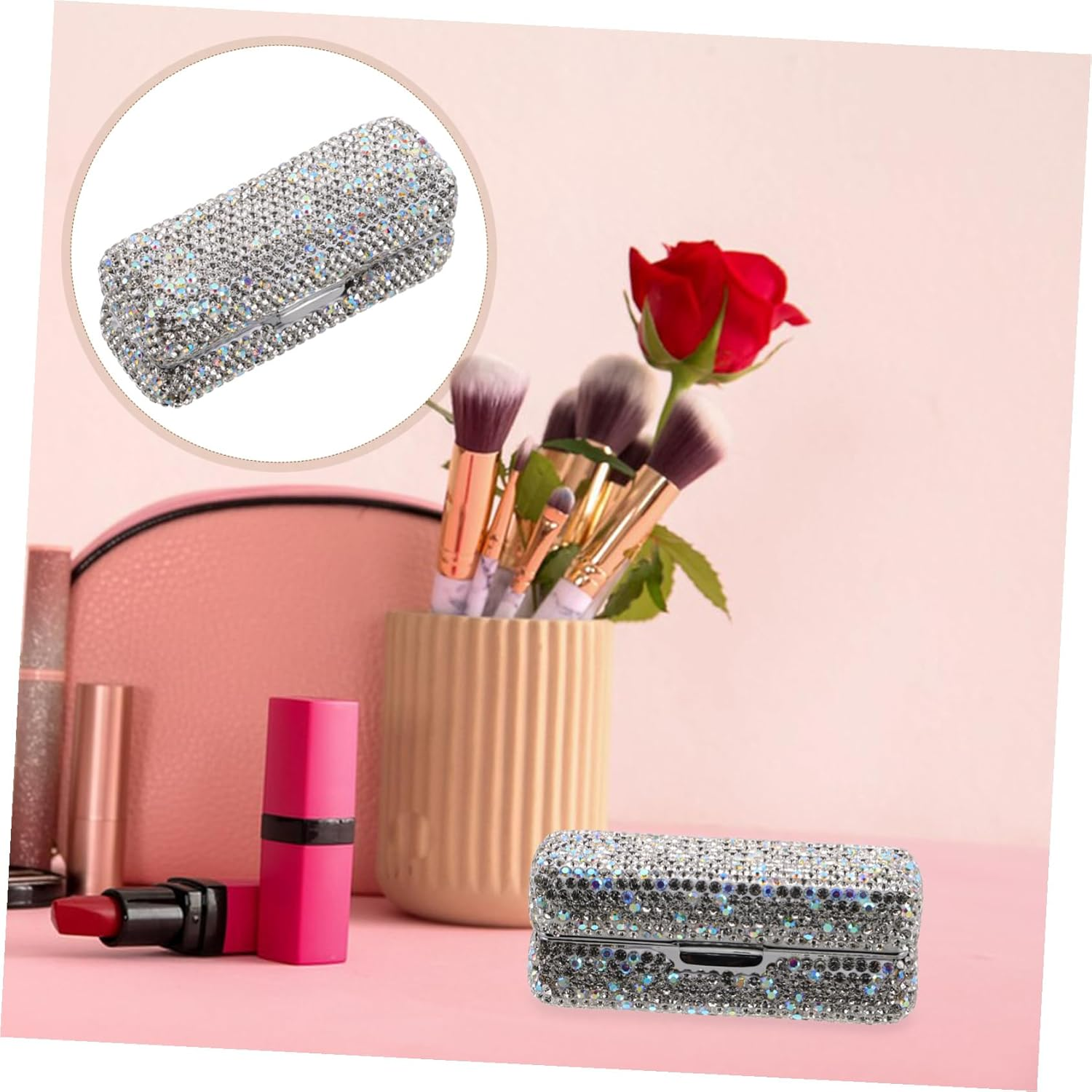 HAMPPLIES Bling Rhinestone Lipstick Case with Built Mirror Single Lipstick Storage Holder for Travel Portable Makeup Organizer with Shiny Diamond Decoration Elegant Purse Accessory