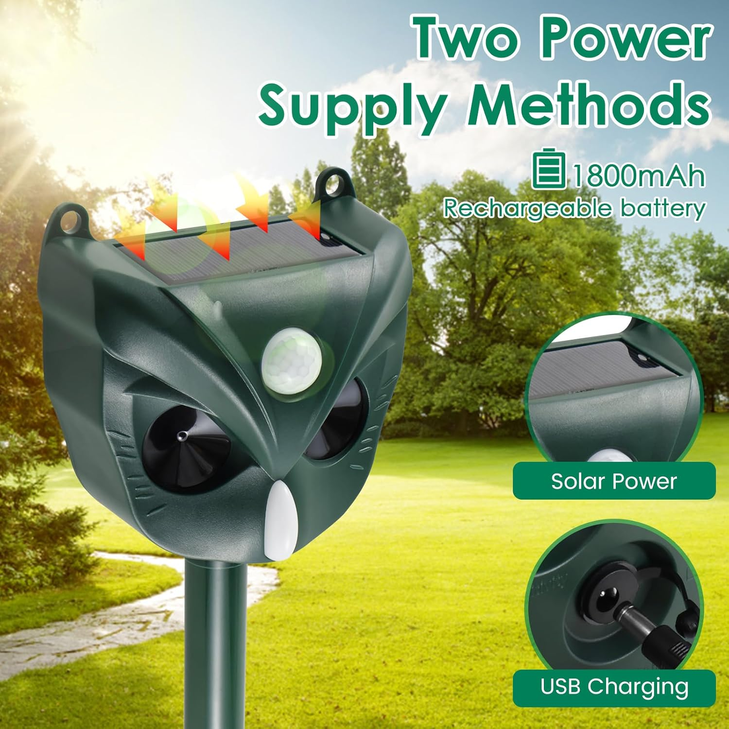 DJAPWPX Ultrasonic Cat Deterrents 5 Sensitivity Modes Solar Cat Repellent 1800Mah Rechargeable Solar Repellent Devices Solar Animals Repeller Humane Outdoor Ultrasonic Repeller for Yard Lawns image number 1