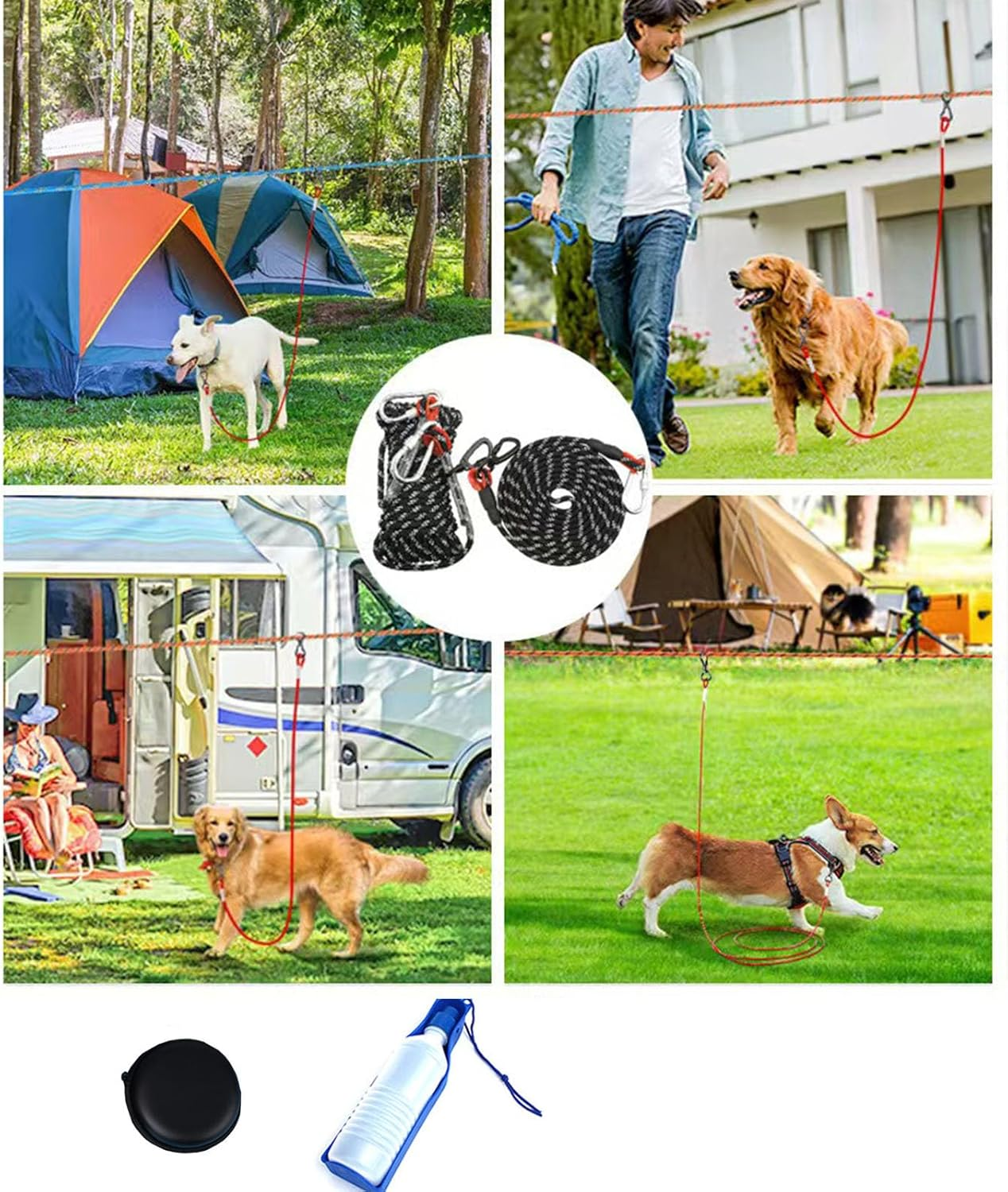 Dog Tie Out Cable for Camping,15M Portable Overhead Trolley System with 3M Runner Lead for Dogs up to 200Lbs，Portable Reflective Dog Lead Line for Yard, Park and Outdoor image number 6