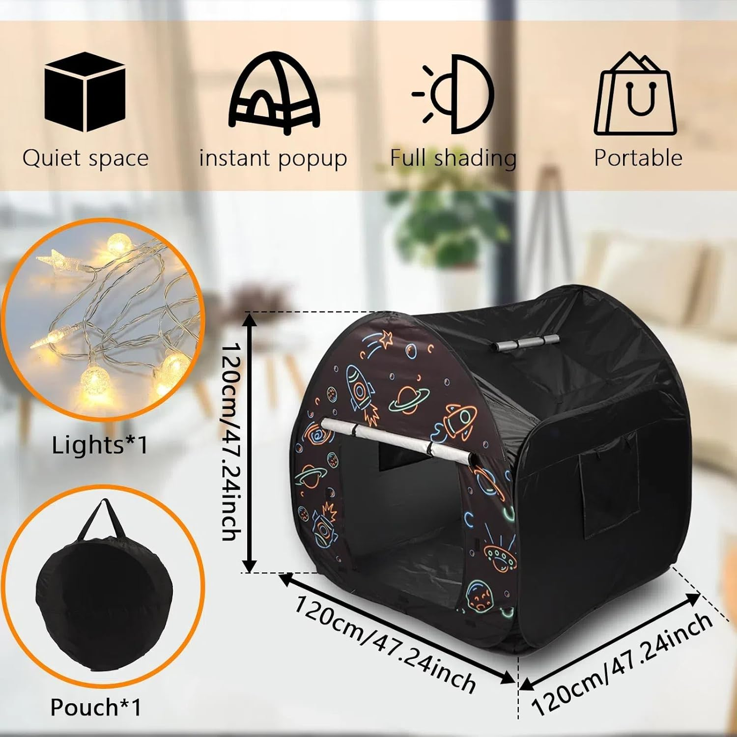 Ysityum Sensory Tent for Kids with Autism - Extra Large 47X47 in Kids Room Play Tent for Inside, Blackout Sensory Indoor Pop up Tent, with Door Window Light for Kids Autism Anxiety ADHD SPD image number 3