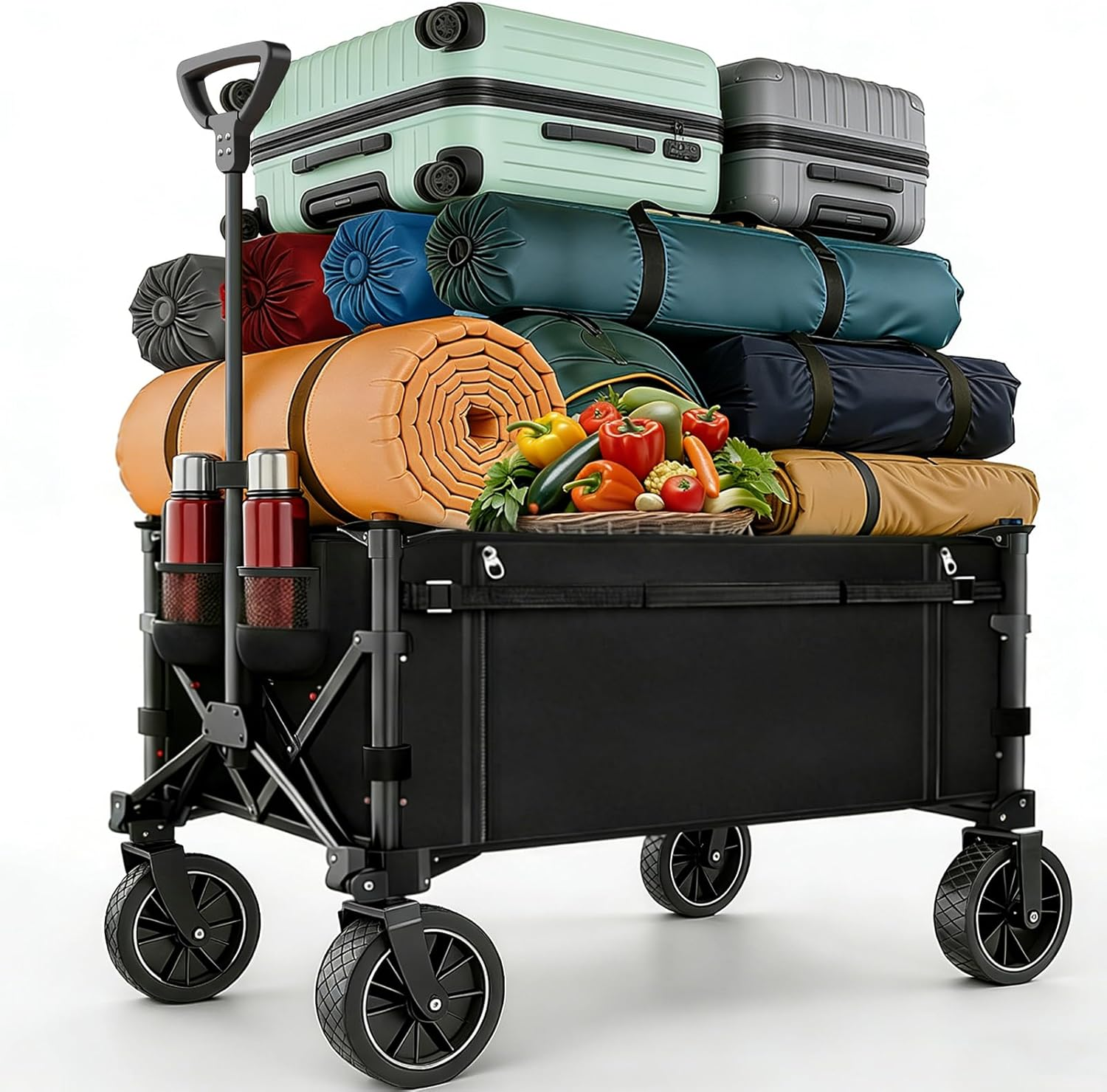 Collapsible Folding Wagon, Outdoor Utility Wagon, Adjustable Wagon Cart with All-Terrain Wheels & Drink Holders, Portable Grocery Wagon for Outdoor, Garden, Shopping, Camping, Grocery, Beach Storage