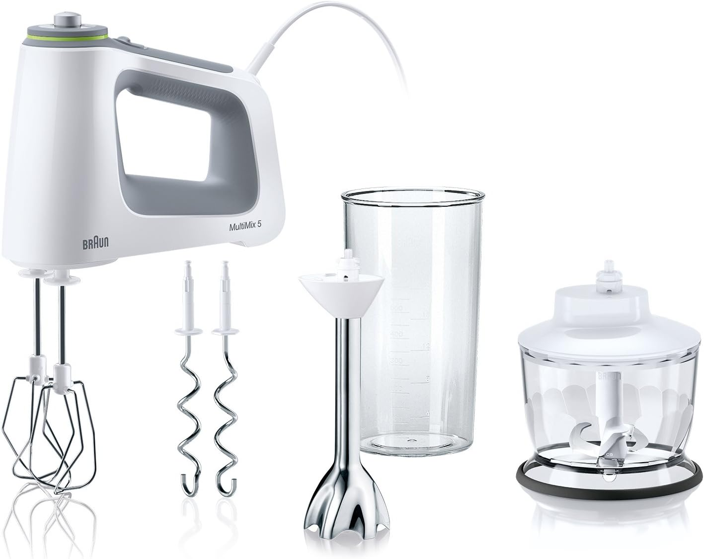 Braun Multimix 5 HM 5137 Hand Mixer with Continuous Speed Control, Includes Whisk, Dough Hook, Pur&eacute;e Stick, Chopper and 600 Ml Mixing and Measuring Cup, 750 Watt, White image number 4