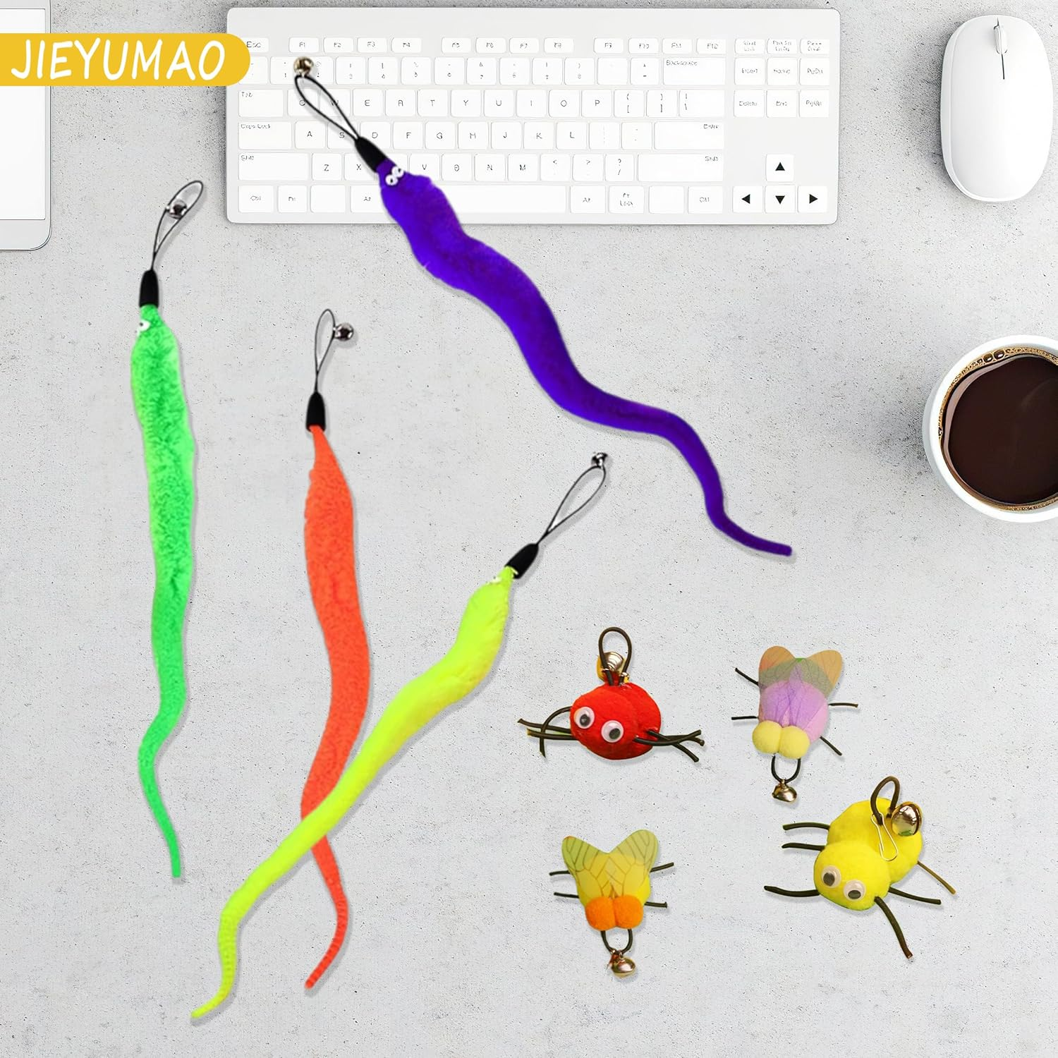12Pcs Cat Wand Attachments, Various Styles Cat Worm Toy Refills with Bell, Multicolor Cat Feather Toys Refills Interactive Teaser Toy Refill Cat Feather Toys Replacement for Indoor image number 3