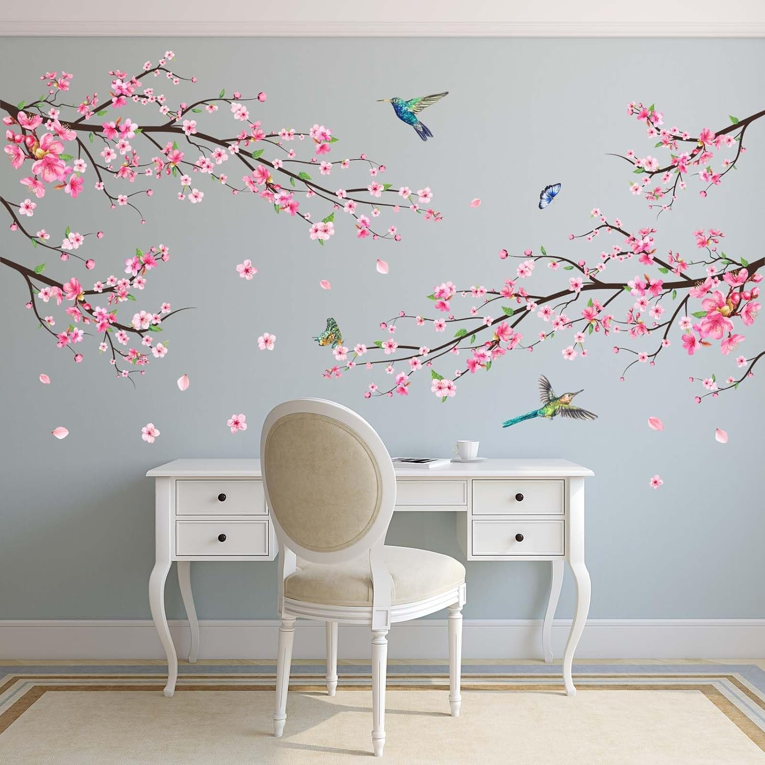 Amimagen Pink Watercolor Cherry Blossom Wall Stickers - Tree Branch Flower Birds Wall Decals - Bedroom Living Room Sofa TV Background Home Wall Decor image number 2