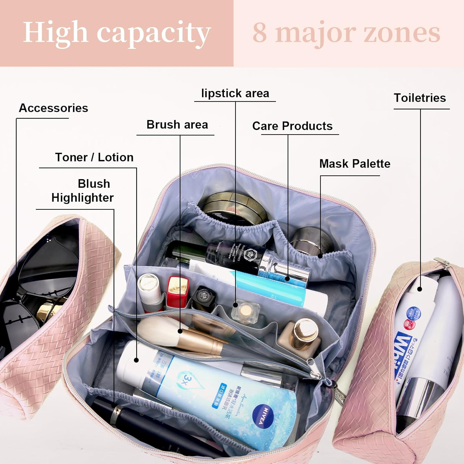 BOYATU Travel Makeup Bag Cosmetic Bags for Women: Large Capacity 3 Pcs Set Make up Bag with Compartments - Waterproof Vegan Leather Toiletry Organizer Bags with Handle (L02 Light Pink) - 01-F-Purple image number 3