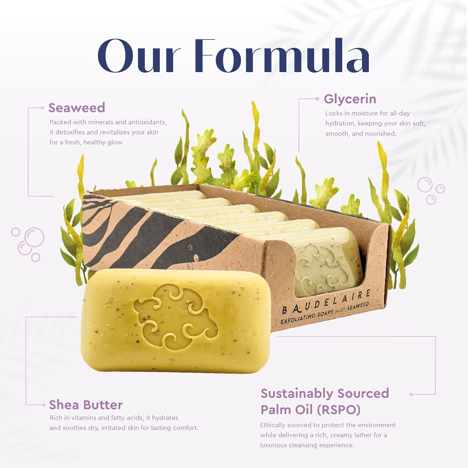 Baudelaire Exfoliating Sea Loofah Bar Soap - Triple Milled with 100% Natural Fragrance, 2% Seaweed and Sustainable Palm Oil (6 Individually Wrapped Bars) image number 4