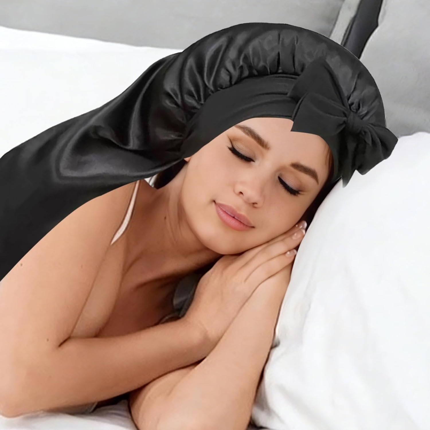 ONBPIY Braid Satin Bonnet Extra Long Hair Bonnet for Sleeping with Tie Band Foldable Hair Wrap for Braids Natural Hair Sleep Cap Black image number 2