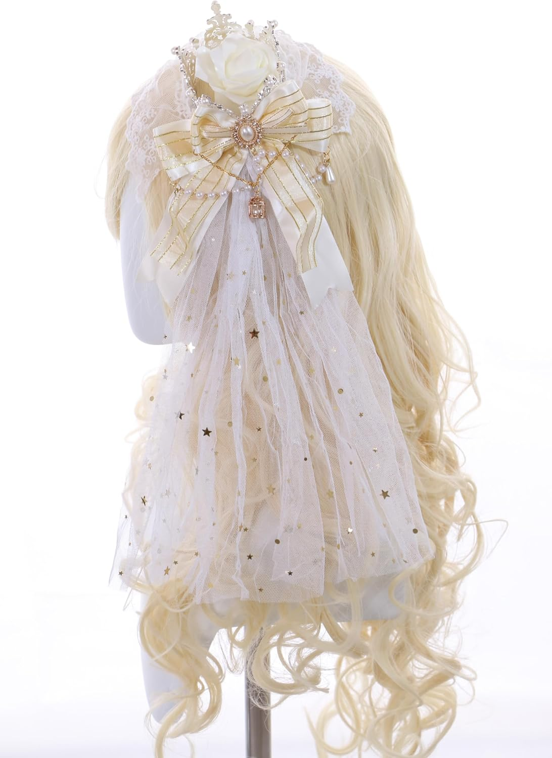 C-105-3 White Veil Gold Crown Red Rose Bow Lace Ruffle Gothic Lolita Party Celebration Hair Accessories Head Accessory image number 2