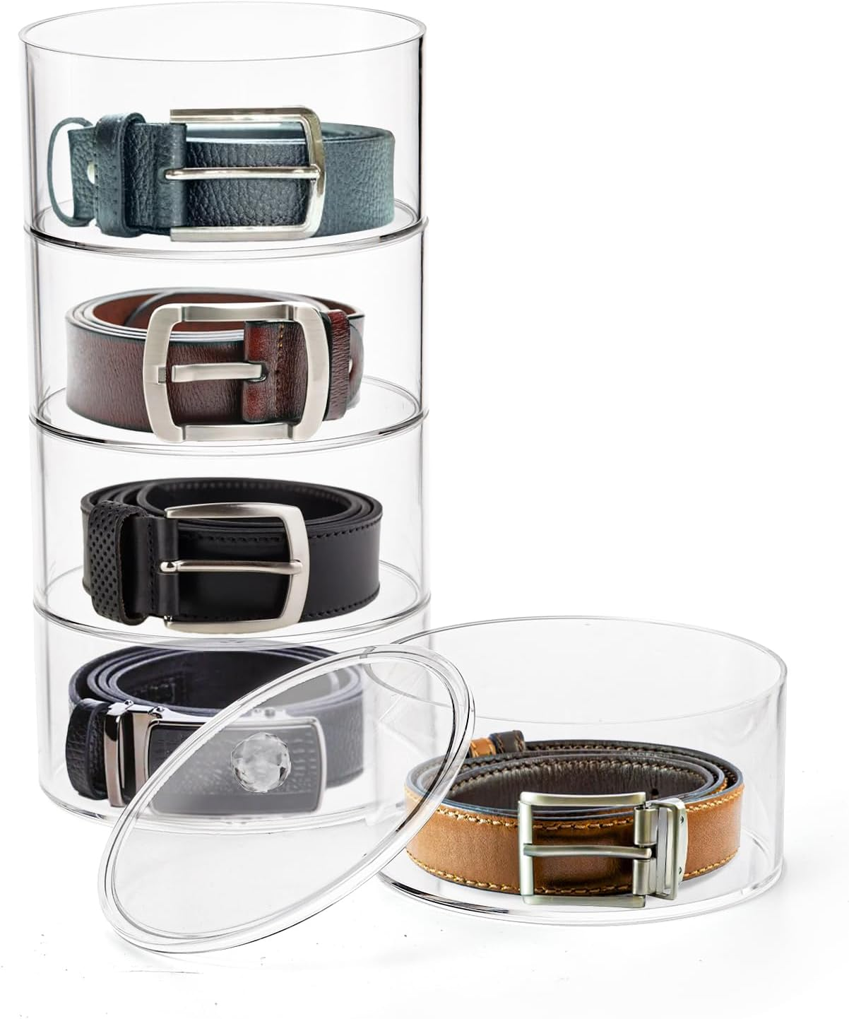 ZENFUN 5 Layers Acrylic Belt Organizer, Stackable Belt Storage Box Clear Display Case Vanity Organizer for Watch, Hair Accessories, Jewelry, Closet and Drawer, 2.6" H X 5.5" Dia image number 3