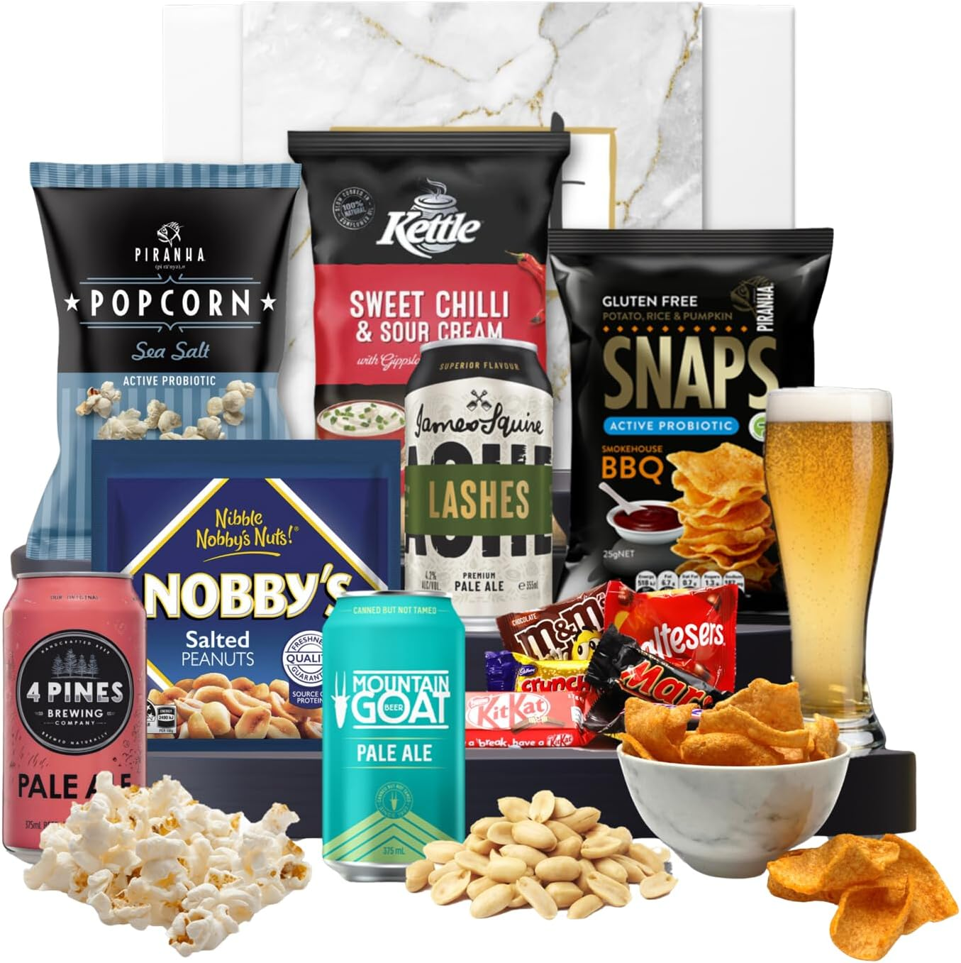 The Craft Beer Pack Hamper. James Squire, 4 Pines, Mountain Goat Craft Beer, Nuts, Kettle Chips, Popcorn, Piranha Snaps and Chocolate