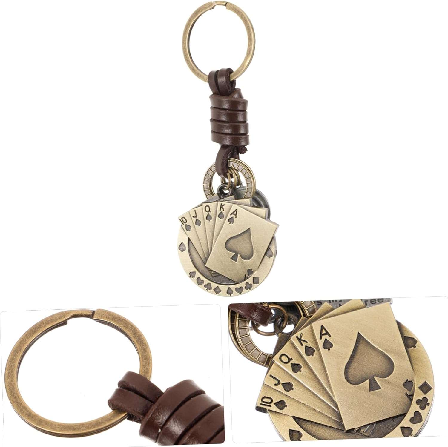 SAFIGLE Vintage Leather Poker Cards Keychain for Men, Small Handmade Woven Car Key Ring with Bag Hanging Decoration, Creative Retro Key Pendant Suitable for Adults and Backpack Accessories image number 4