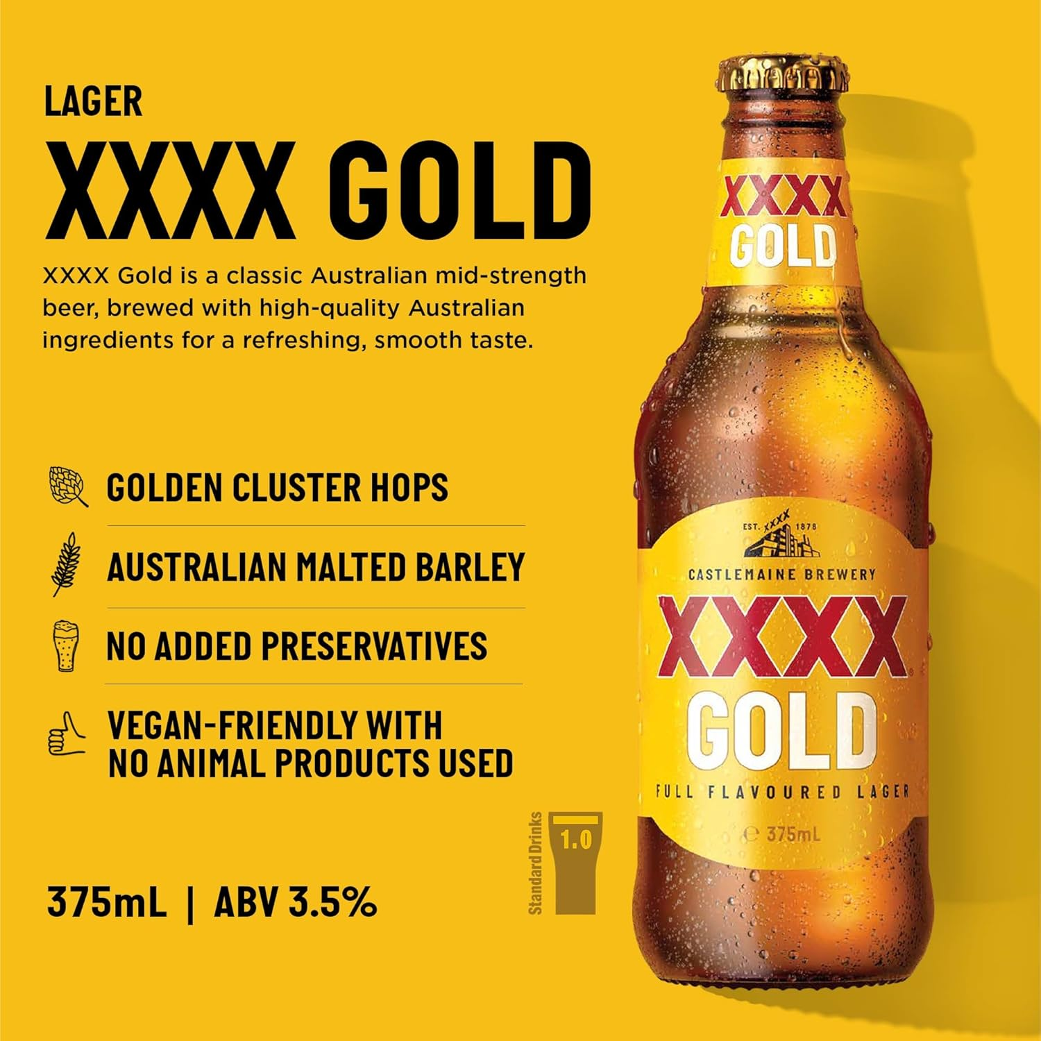 XXXX Gold Mid Strength Australian Lager Beer 3.5% ABV 24 Pack X 375 Ml Bottle Case