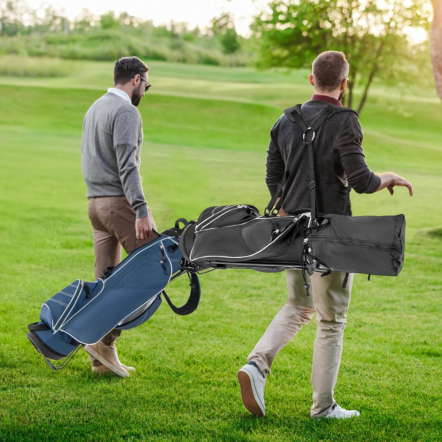 Costway Golf Stand Bag, Ultra Lightweight Golf Bag with 4-Way Top Dividers, Adjustable Dual-Strap, Foldable Bracket, Handles, Outer Pockets for Extra Storage, Easy Carry Golf Clubs Carrier, Ideal for Golf Course & Travel - Navy image number 4