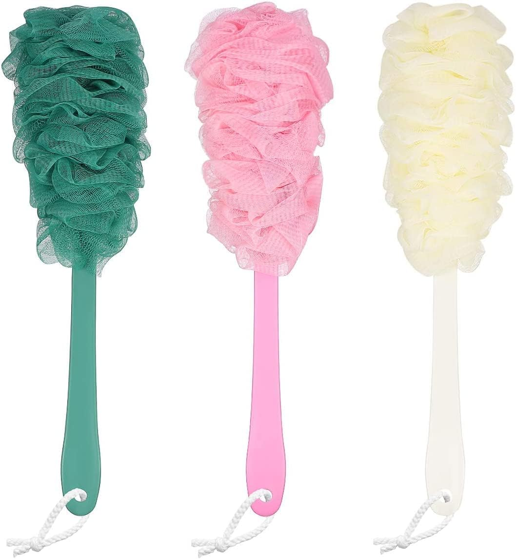 3 Pcs Shower Ball Mesh Pouf, Back Scrubber Loofah with Long Handle Bath Brush Soft Body Sponge for Adults Teens Kids image number 5