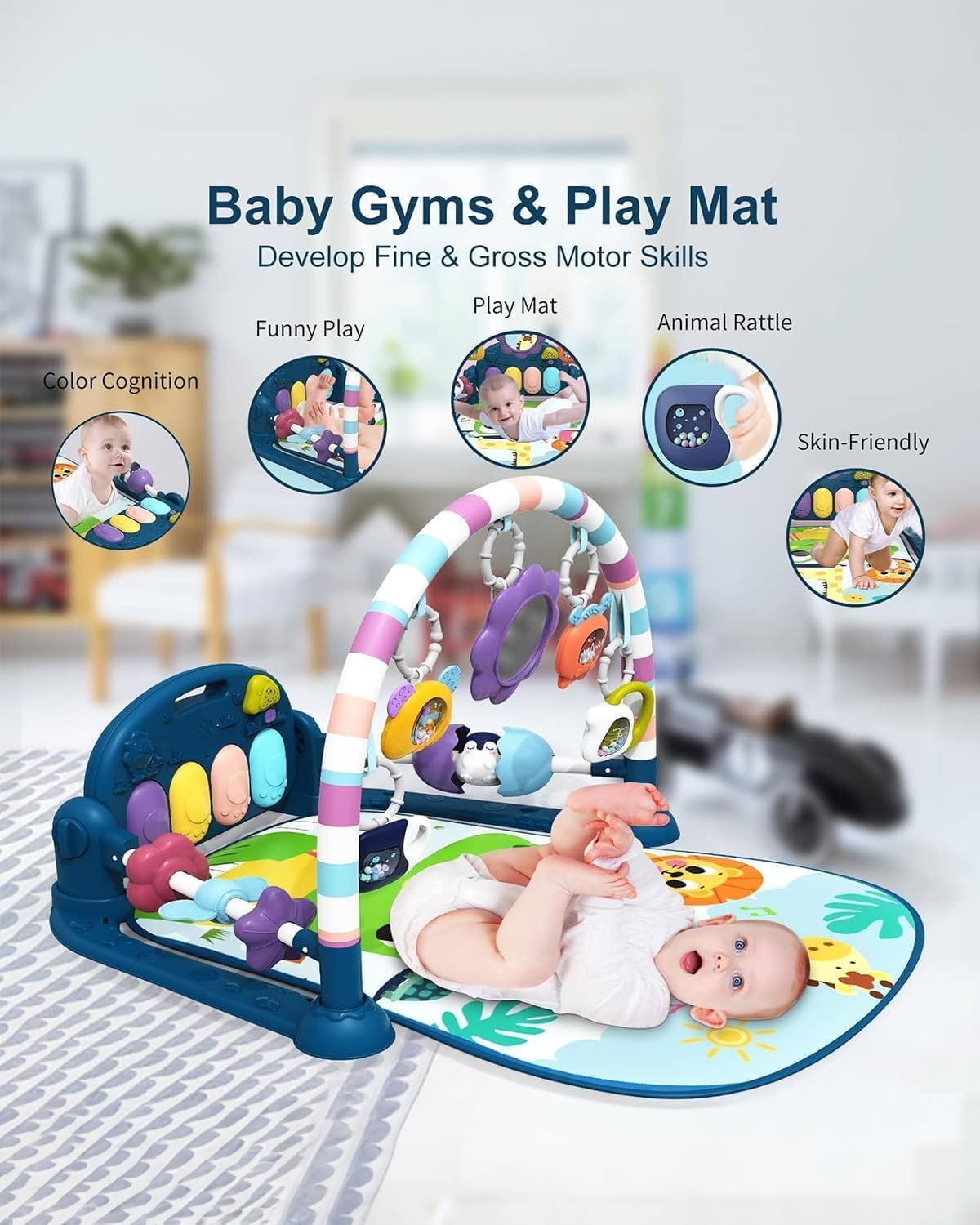 Veraste Baby Play Mat Baby Gym,Funny Play Piano Tummy Time Baby Activity Mat with 5 Infant Sensory Baby Toys, Music and Lights Boy & Girl Gifts for Newborn Baby 0 to 3 6 9 12 Months（New Blue） - New Blue image number 6