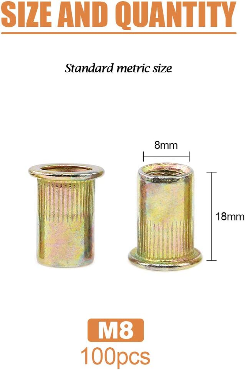 Keadic 100Pcs M8 Metric Zinc Plated Carbon Steel Rivet Nut Flat Head Threaded Insert Nutsert Kit (M8) image number 3