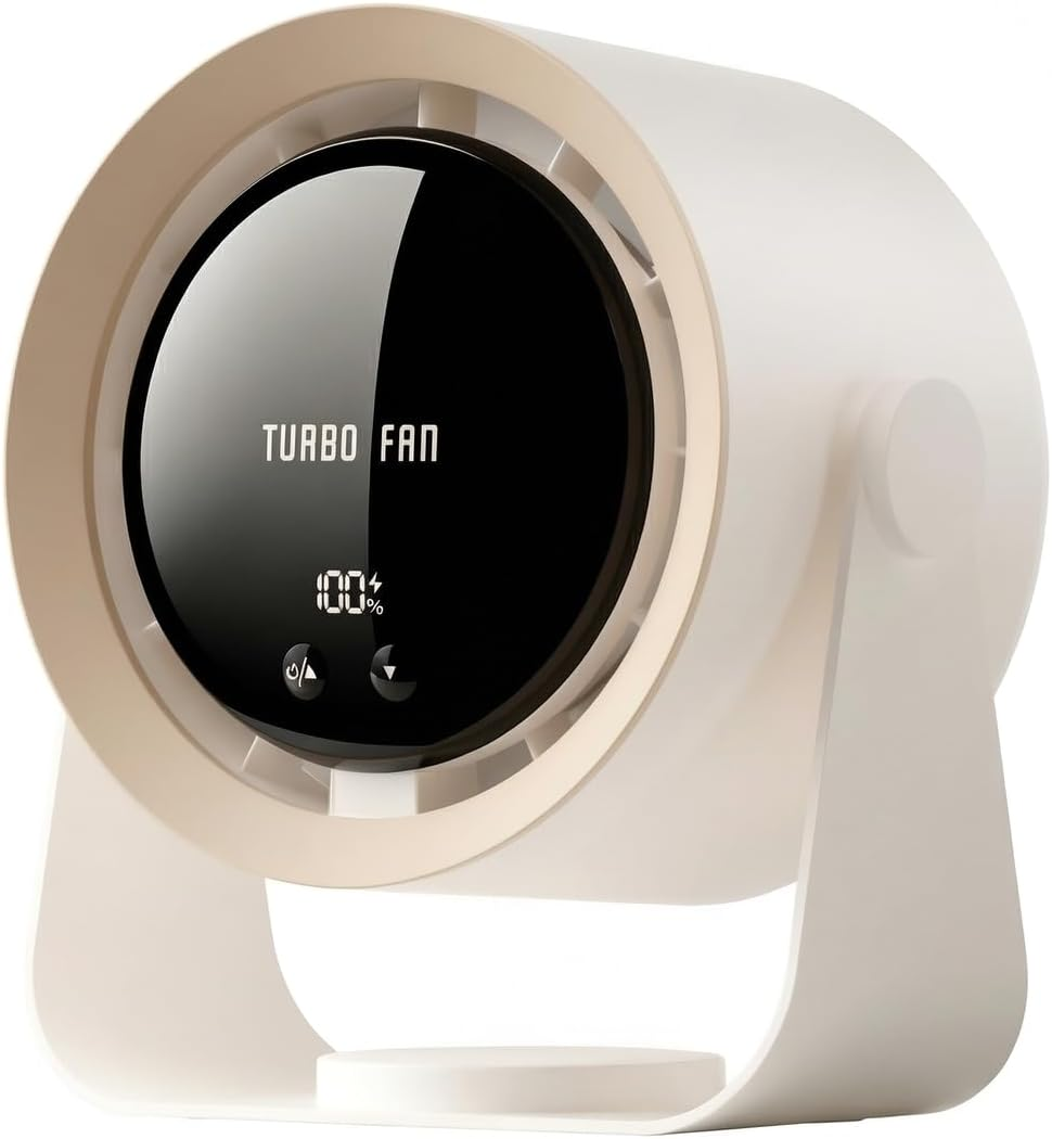 USB Desk Fan with LED Display & 5400Mah Battery, 5-Speeds Adjustable, 90&deg; Tilt Hangable Quiet Portable Table Rechargeable Desktop Fan for Bedroom, Office, Dorm, Kitchen, Wall, Home (Khaki)