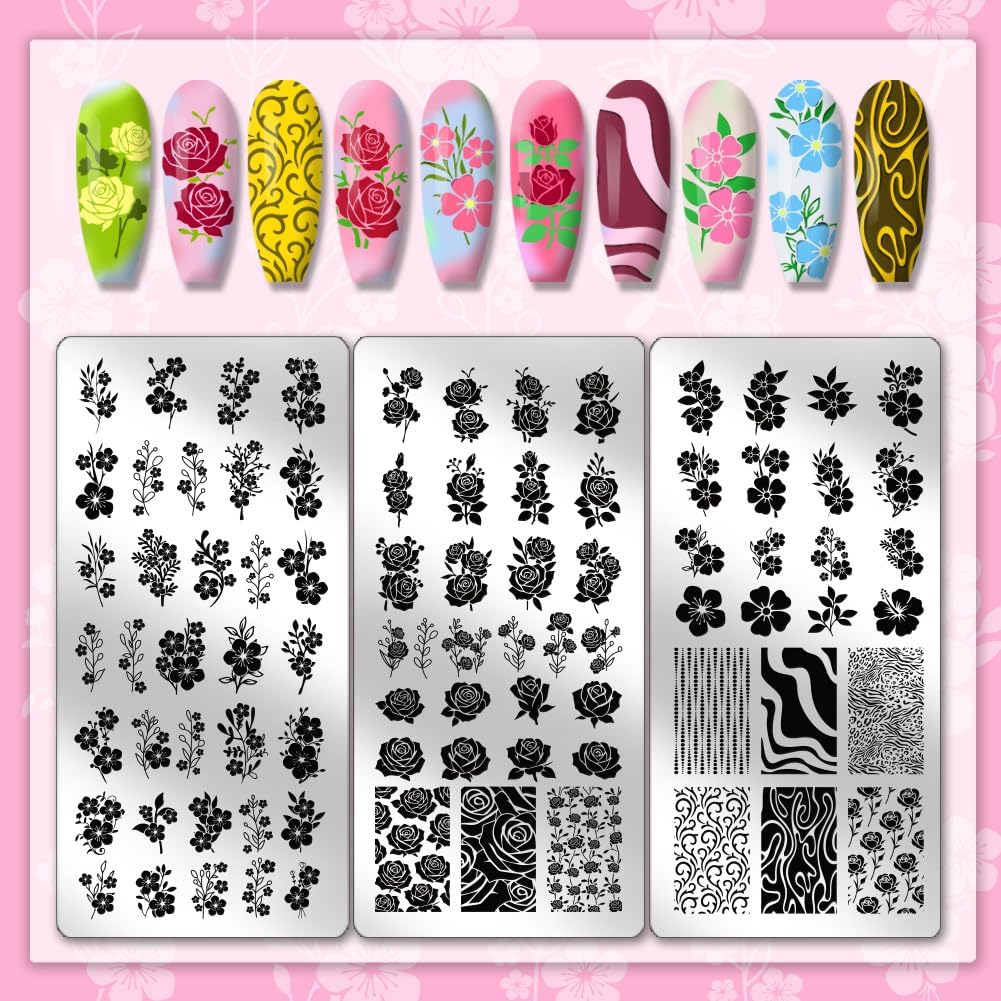 PH Pandahall 3Pcs Flower Branches Pattern Nail Stamp Plate Rose Pattern Nails Stencils Stainless Steel Nail Image Plate Flowers Print Art Template for Women DIY Printing 4.7X2.3 Inch