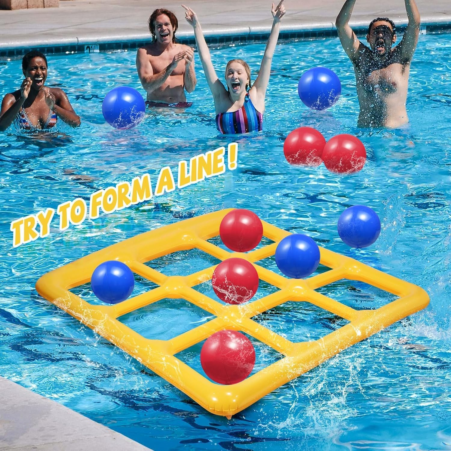 Inflatable Pool Tic Tac Toe Game Set with 10 Balls - Fun Water Party Game for Groups (2-10 Players)