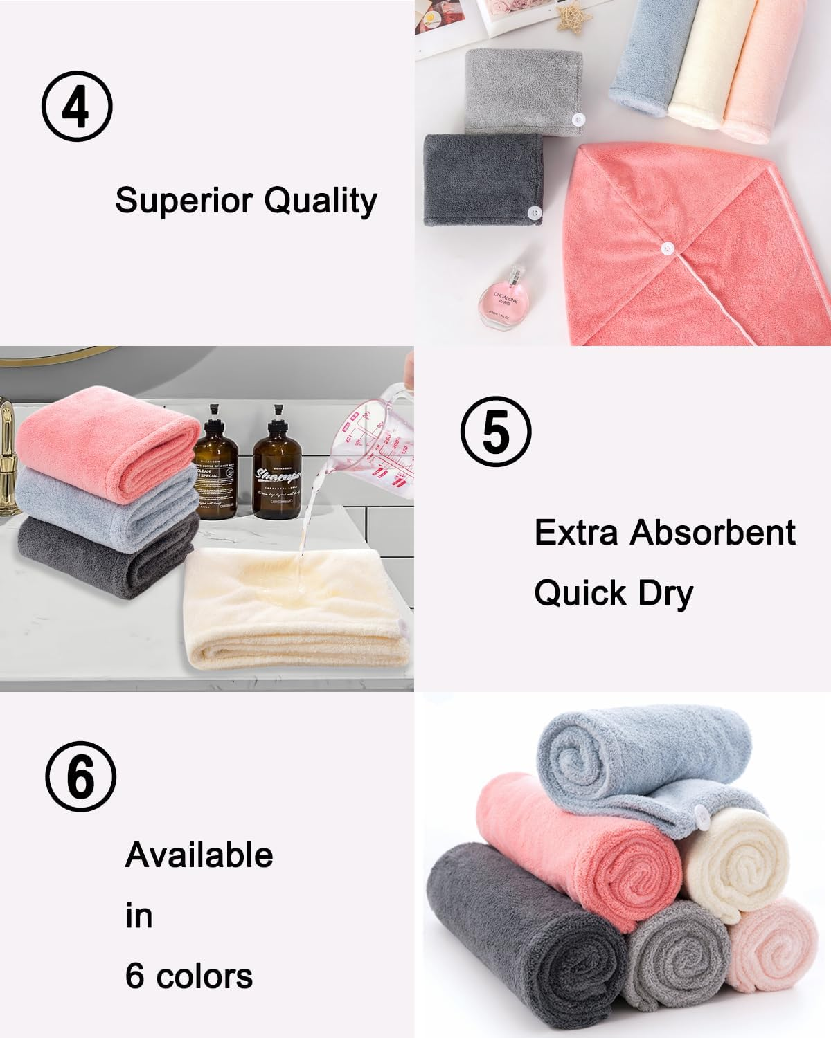 Lumimi 6 Piece Hair Drying Towel Turban Set Beautifully Absorbent Comfortable Soft Light Short Long Hair Wash Light Blue Light Pink White image number 5