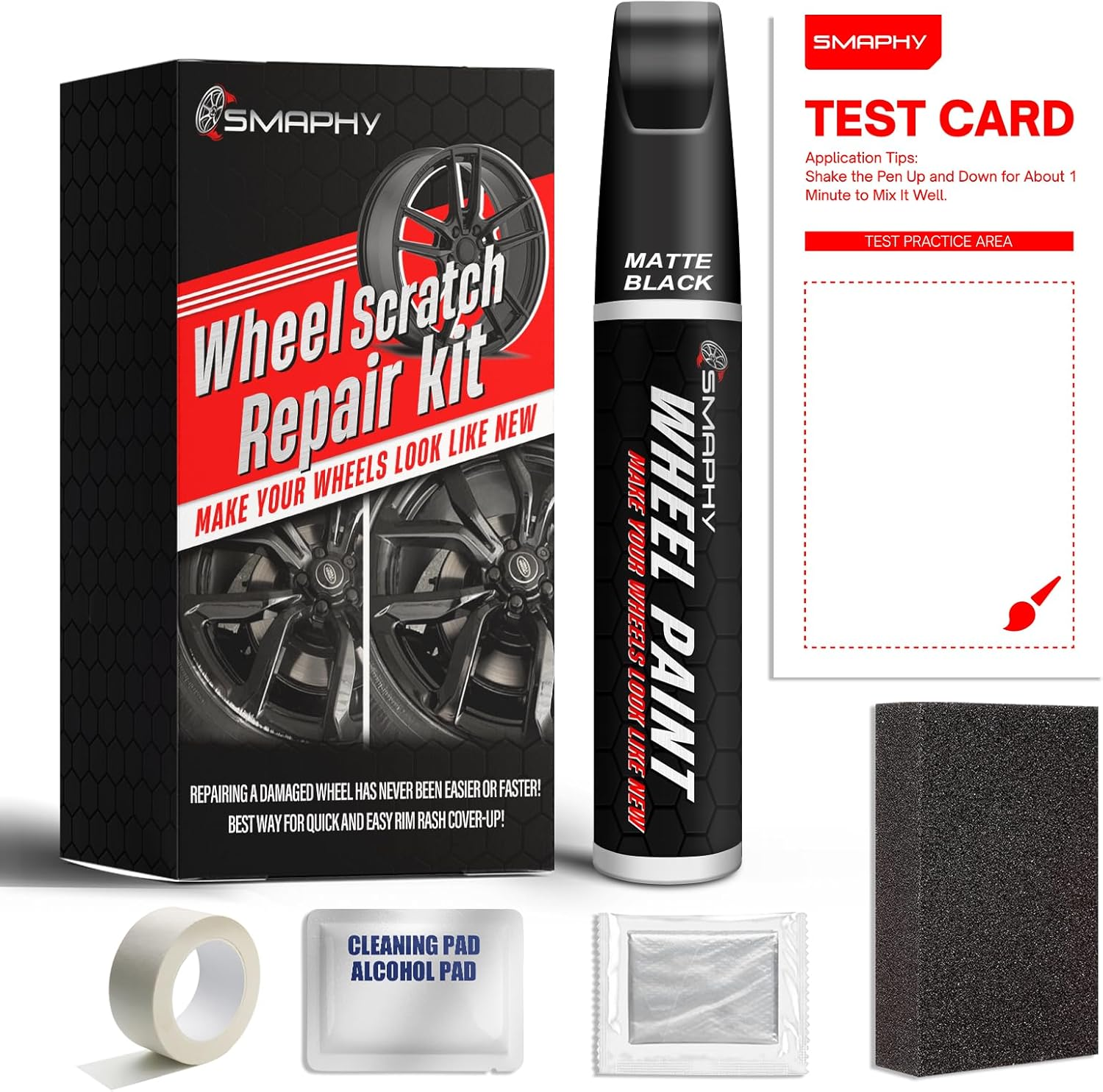 SMAPHY Wheel Scratch Repair Kit, Matte Black Rim Touch up Paint, Repair Curb Rash, Scratches, and Scuffs Quickly and Easily, Universal Color Black Wheel Paint