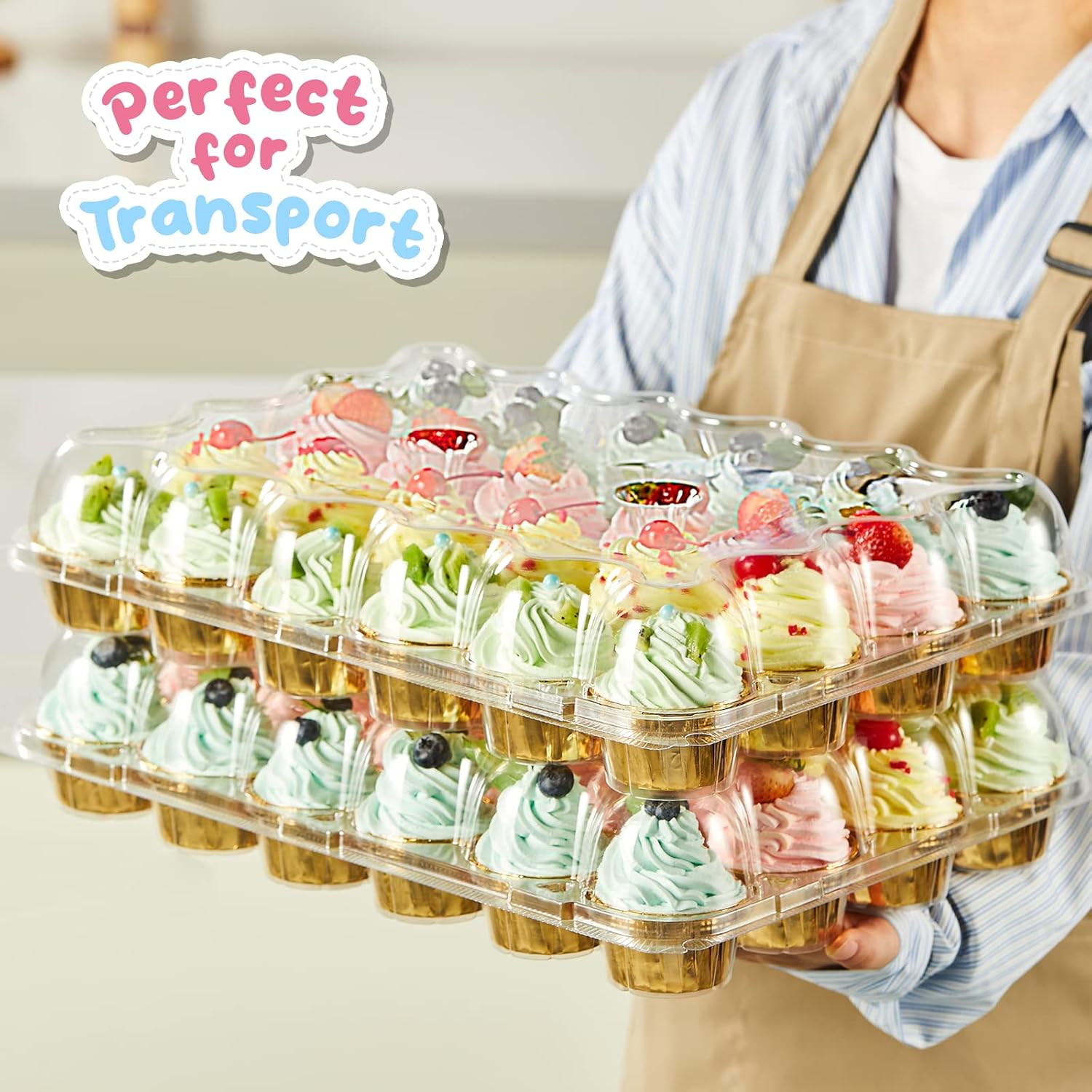 Gencywe (24 Pack X 10 Sets) Stackable Cupcake Carrier Holders with 240 Pack Cupcake Liners, Plastic Cupcake Boxes Holders for 24 Cupcakes, High Tall Dome Lid Cupcake Containers, Clear Disposable Cupcake Trays image number 4
