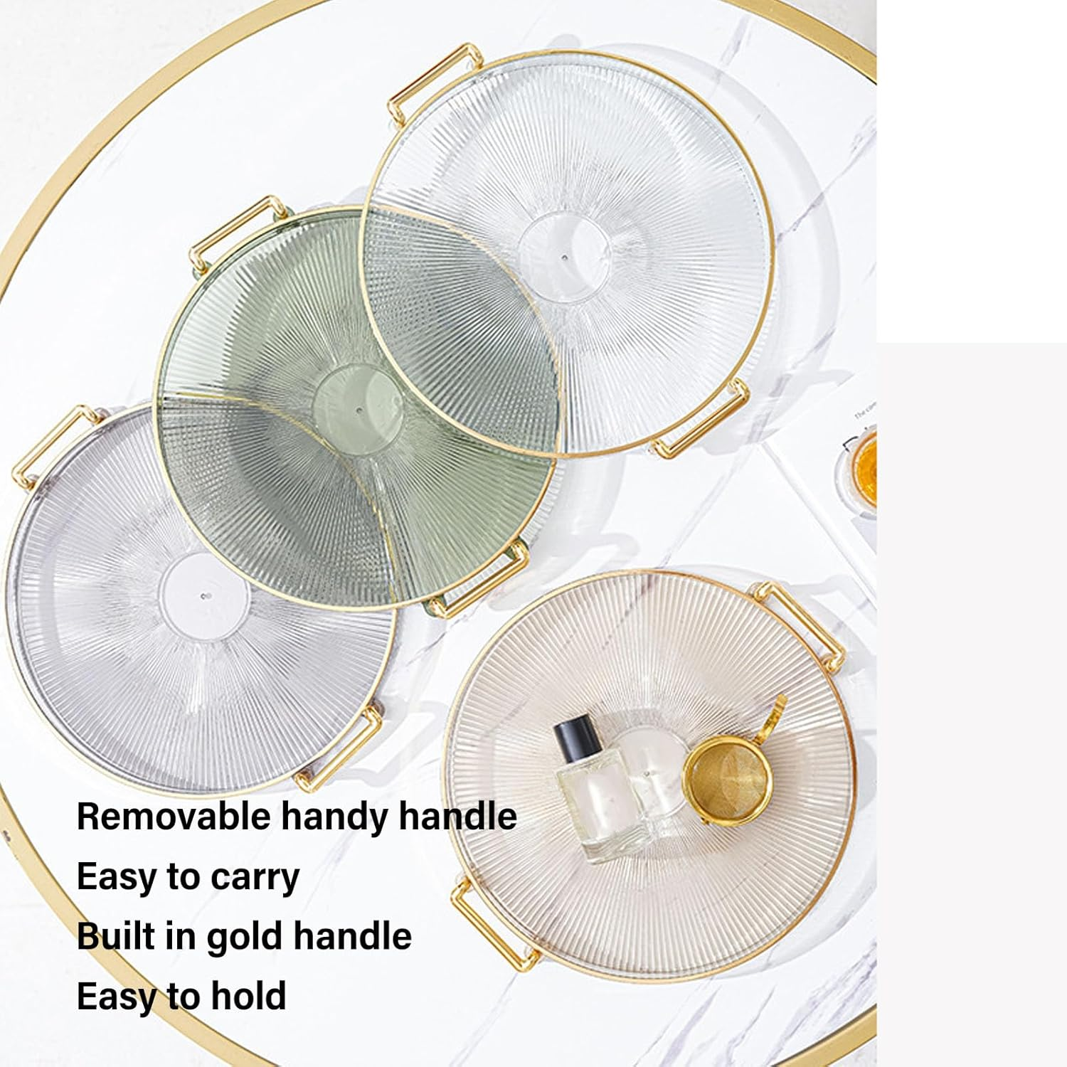 Round Decorative Tray with Gold Handles - Multi Functional Golden Rim Serving Tray for Fruit Desserts, round Tray with Gold Handle (Smoke Gray) image number 5