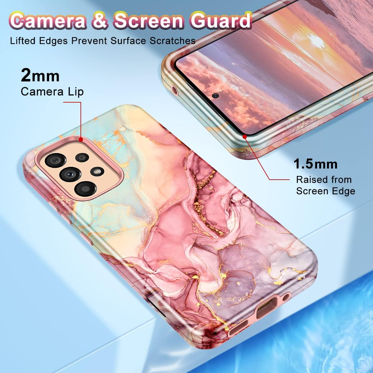 Btscase for Samsung Galaxy A53 5G Case, Marble Pattern 3 in 1 Heavy Duty Shockproof Full Body Rugged Hard Pc+Soft Silicone Drop Protective Women Girl Cover for Samsung Galaxy A53 5G,Rose Gold