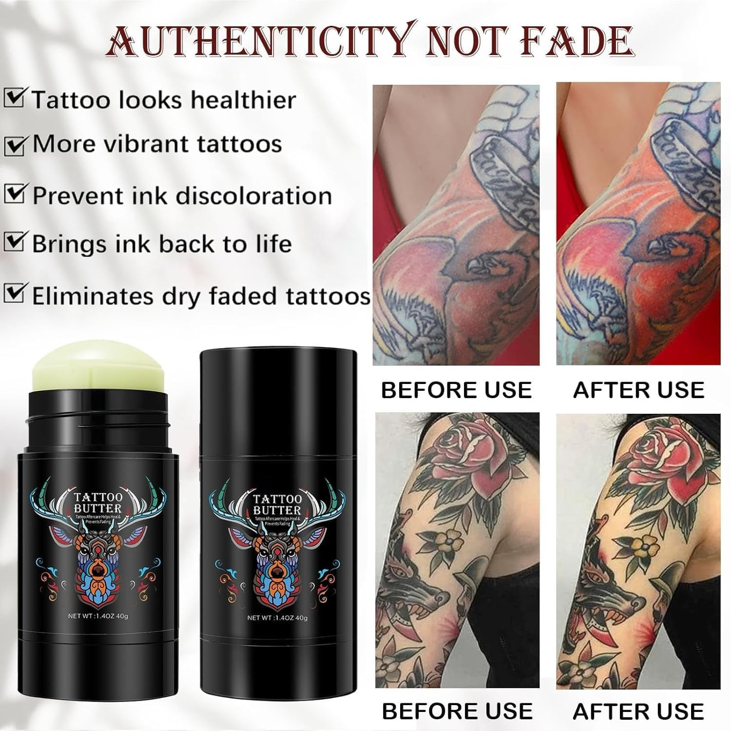 Tattoo Aftercare Balm Butter - Moisturizing Cream for Tattooed Skin - for New & Old Tattoos - Color Enhancing Formula with Shea Butter & Jojoba Oil - Vitamin E Formula - 1.4Oz / 40G image number 1