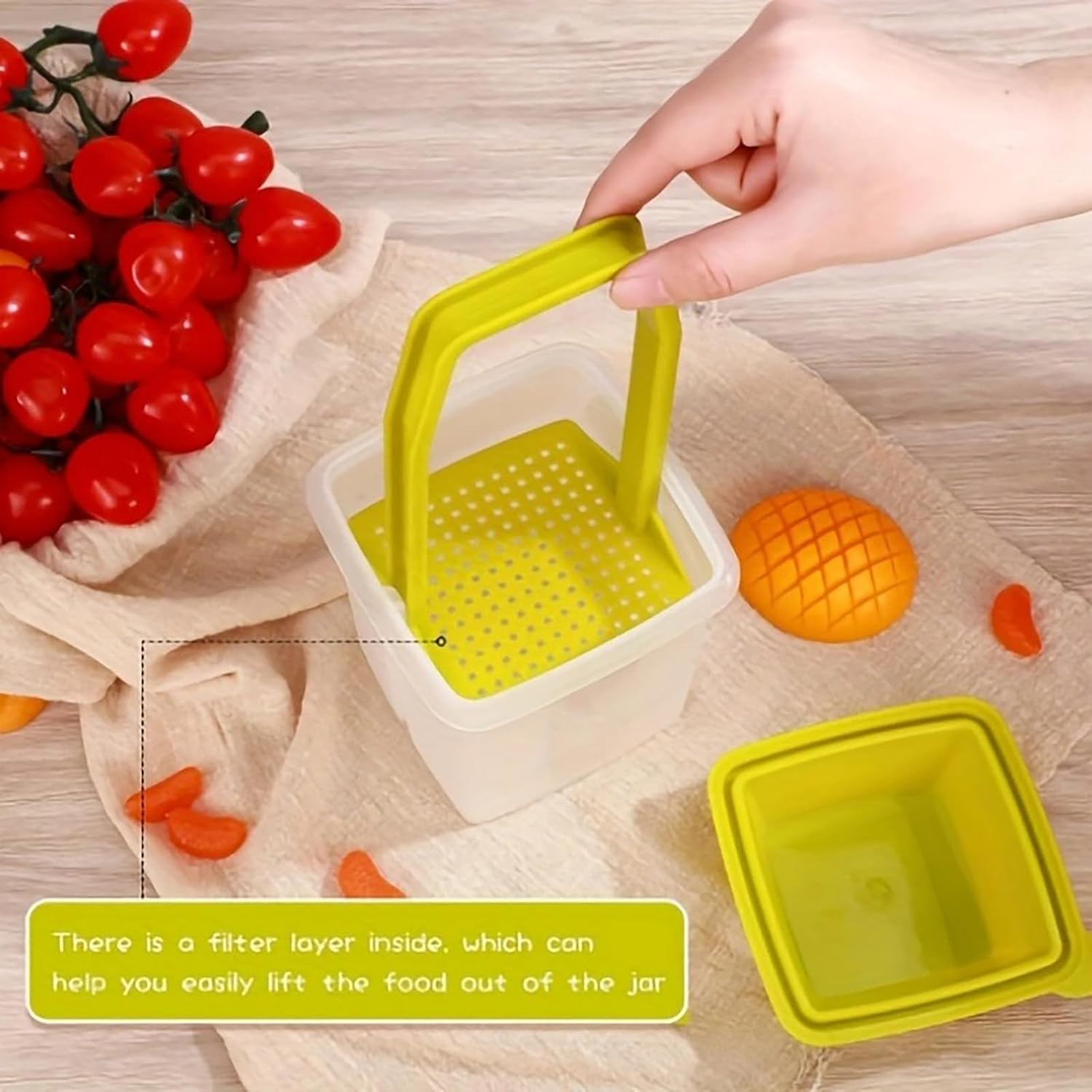 Pickle Jar with Strainer Insert - Set of 2 - Plastic Leak Proof Food Saver Container - for Fresh Fruit or Pickled Vegetables